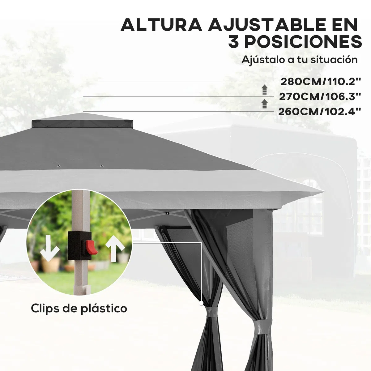 Outsunny Carpa Plegable Gazebo, 3,6x3,6 m, Cenador Plegable con 4 Paredes Laterales de Malla, Anti-UV, Altura Ajustable, Bolsa de Arena y Bolsa de Transporte, para Camping, Fiestas, Gris Oscuro
