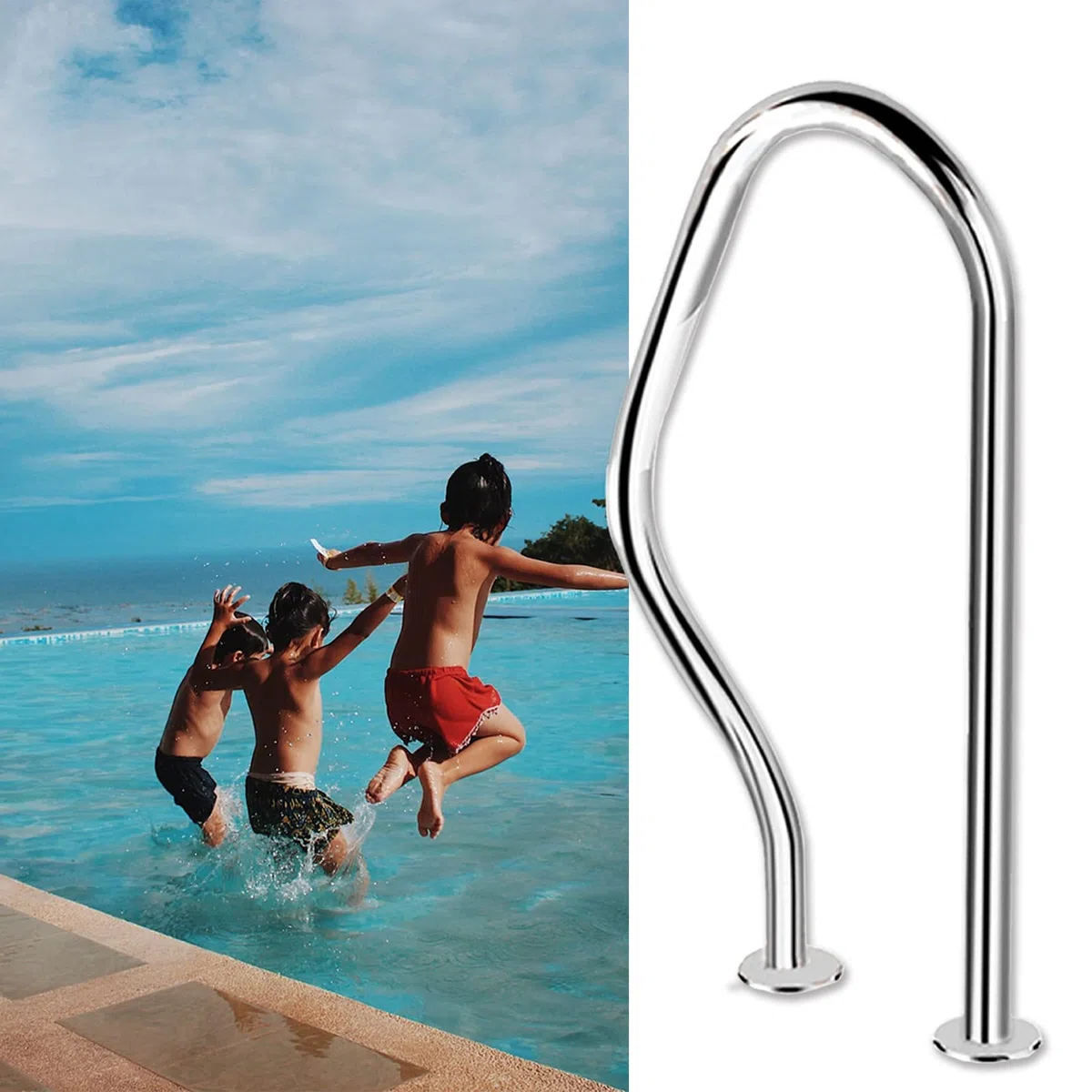 Pasamanos de Piscina 80 x 47 cm Manija de Piscina de Acero Inoxidable, Barra de Apoyo de barandilla de SPA de 3 Arcos, Pasamanos de Piscina Plateado para Piscinas Posiciones inclinadas Parqu