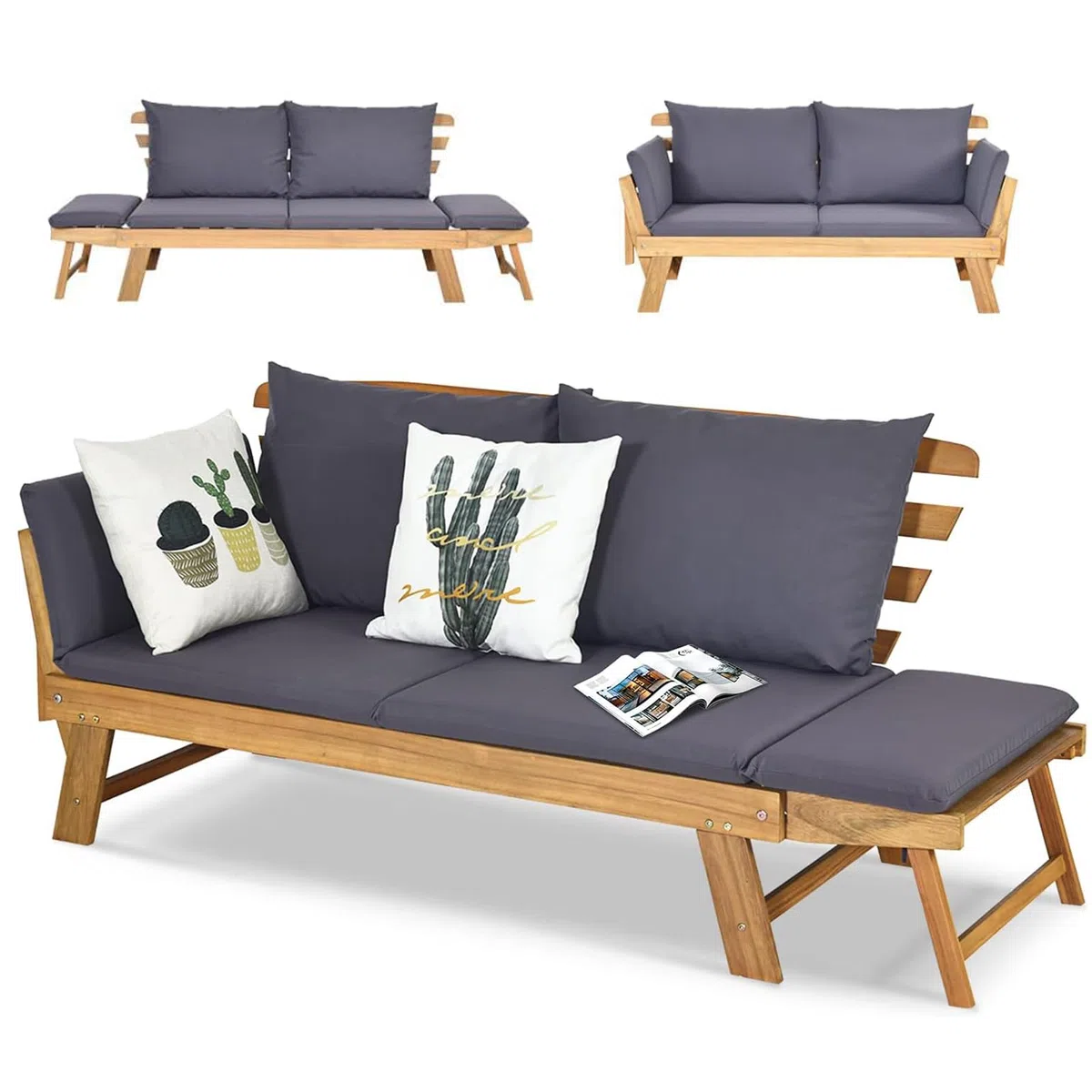 COSTWAY 3 en 1 Sofa Cama de Jardín, Banco de Jardín de 2 Plazas Convertible con 2 Almohadas y Cojin Extraible y Lavable, Reposabrazos Ajustables, Sofa Jardin de Madera Acacia para Patio, Máx 320 kg