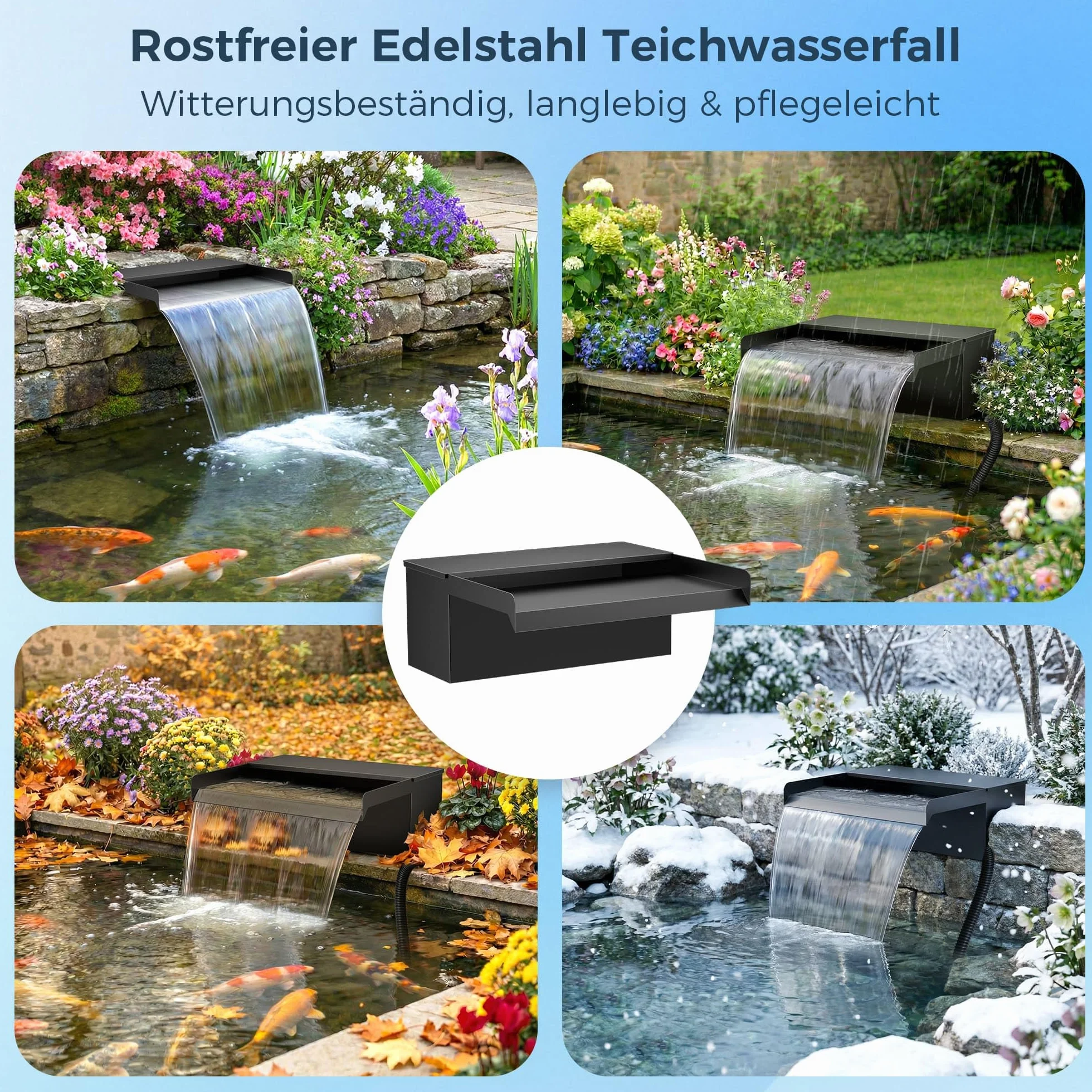 Biling Cascade para estanque de jardín con filtro, 20 cm, acero inoxidable, 40 W, 2500 l/h, bomba de estanque, decoración de jardín, cuenca de agua, patio, terraza, pared de agua, cuenca de carpas kui