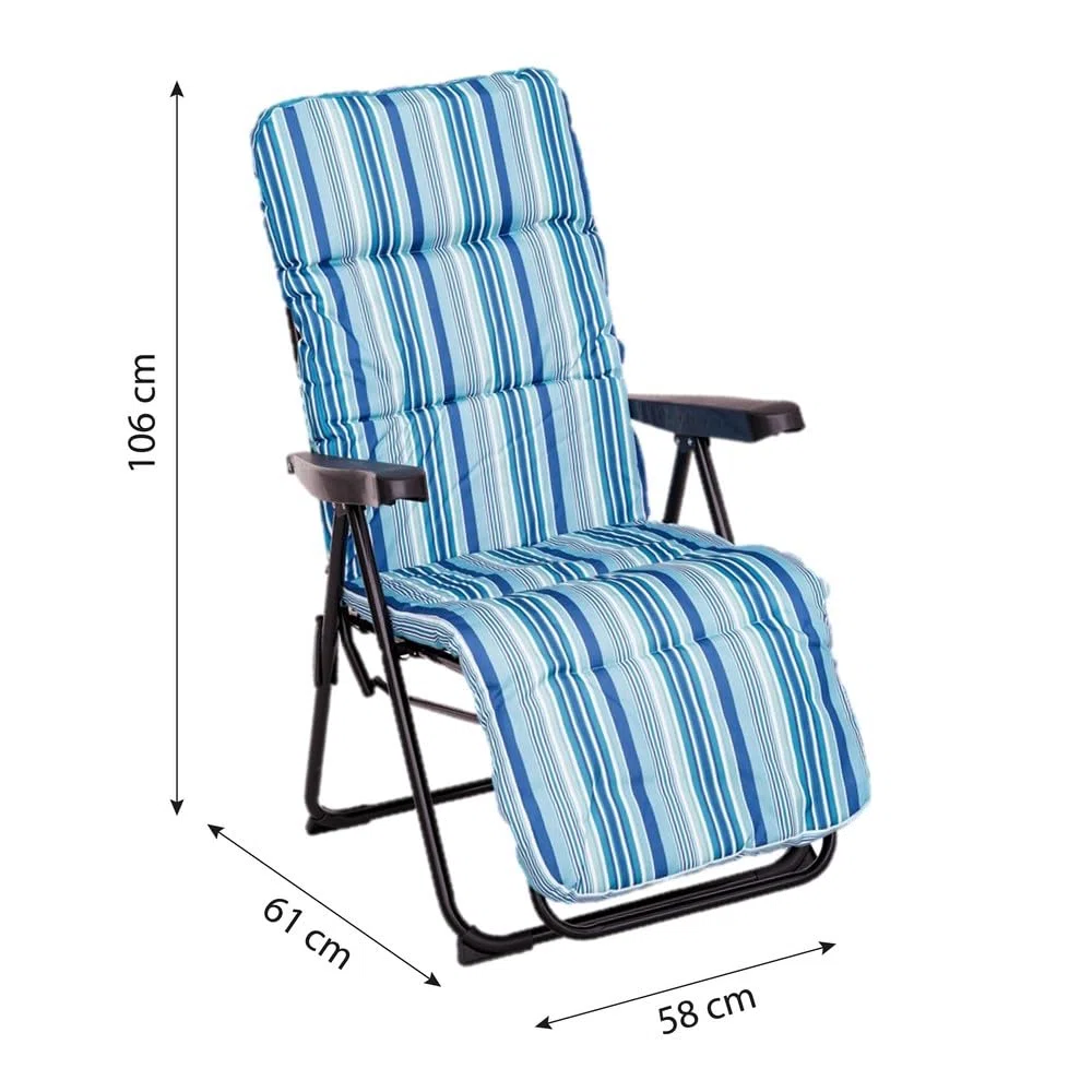 LOLAhome Set de 2 Sillones de Jardín Acolchado, Reclinable con Reposapiés Azul. Estructura de Tubo de Acero anticorrosión y Lona a Rayas. Colchón de 5 cm de Grosor, Plegable. 61x58x106 cm.