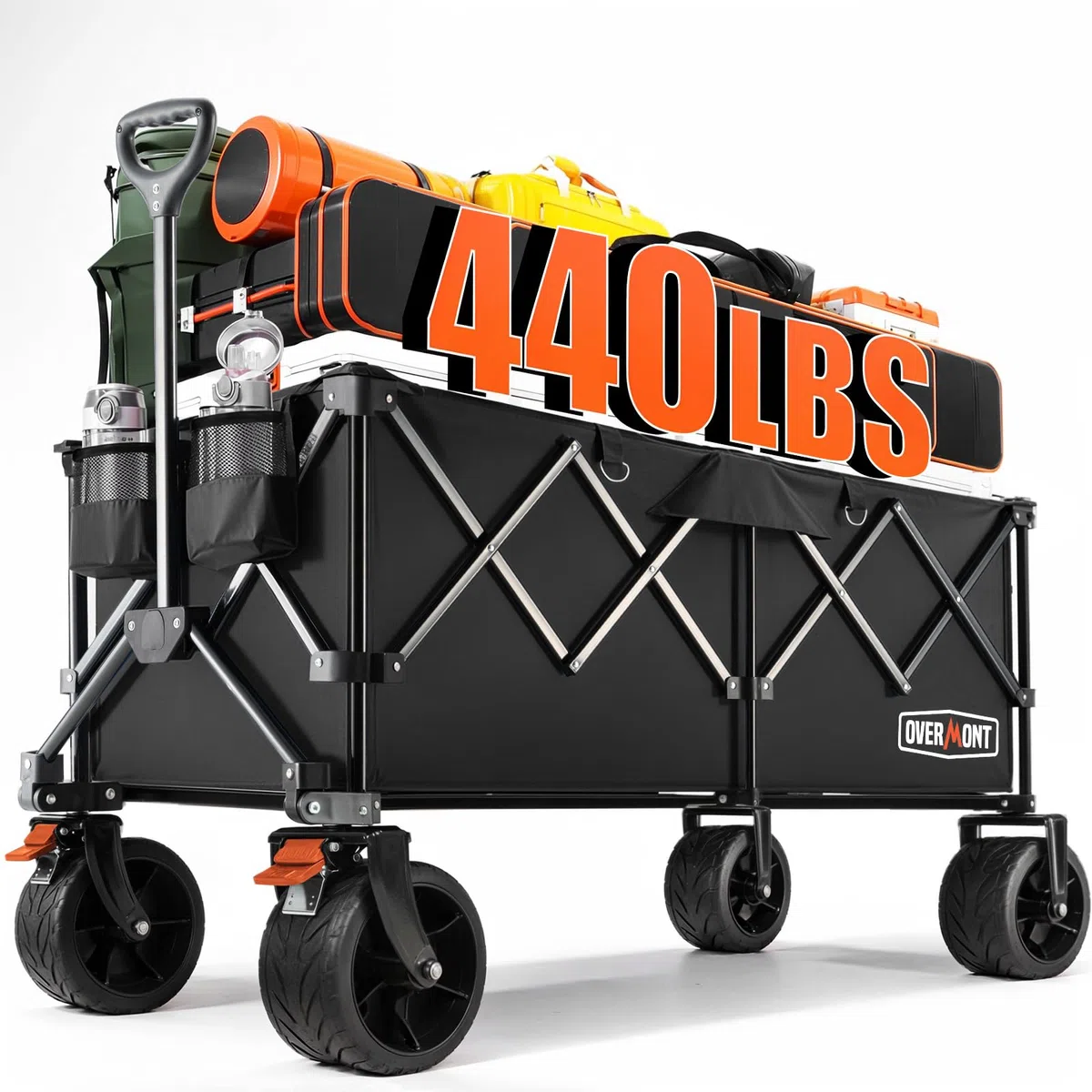 Overmont Carro Playa Plegable - 114CM Carrito Camping Plegable Extendido con Frenos - 250L 200KG Carro de Transporte con Ruedas Grandes Todo Terreno - Carro Portátil para Jardín Compras al Aire Libre