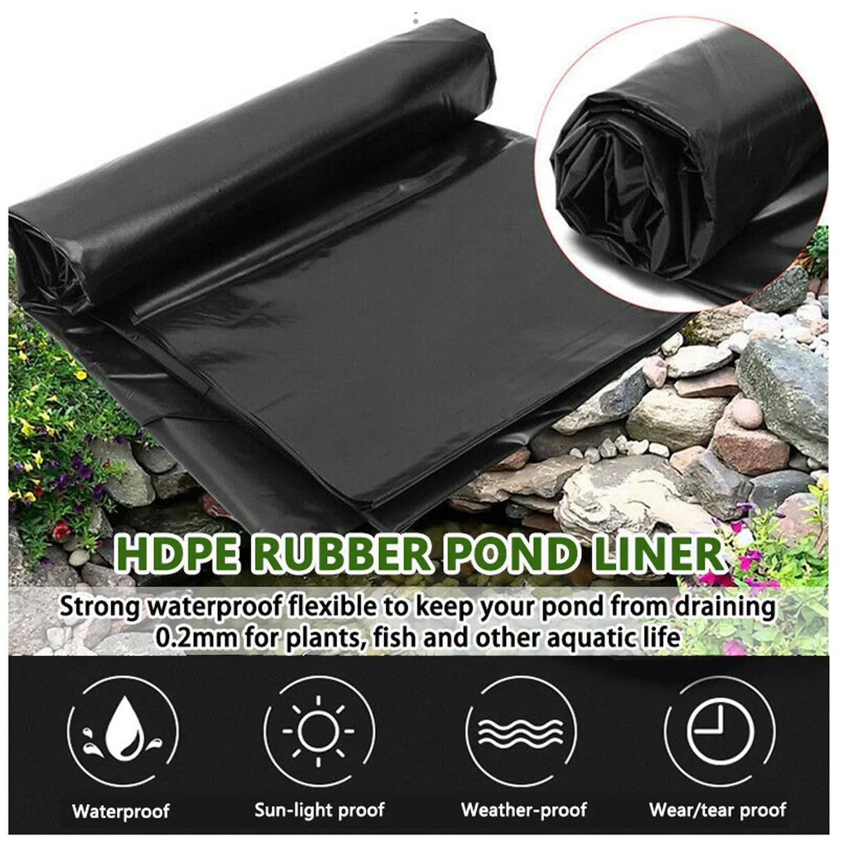 Revestimiento para Estanque de HDPE, Flexible Mallas para Estanque Resistente al Desgarro 0,2mm Lona para Estanques de Jardín, Koi y Piscinas de Peces(Size:8x8m,Color:Negro)