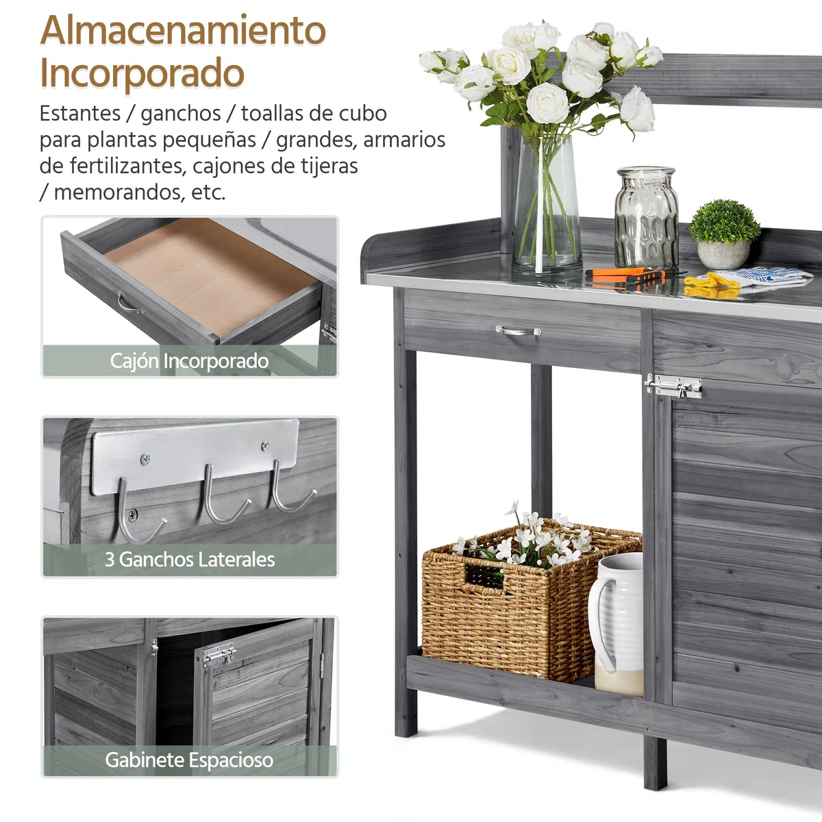 Yaheetech Mesa de Jardinería con cajón Estante Armario de Mesa Plantación 112 x 46,5 x 125 cm Gris