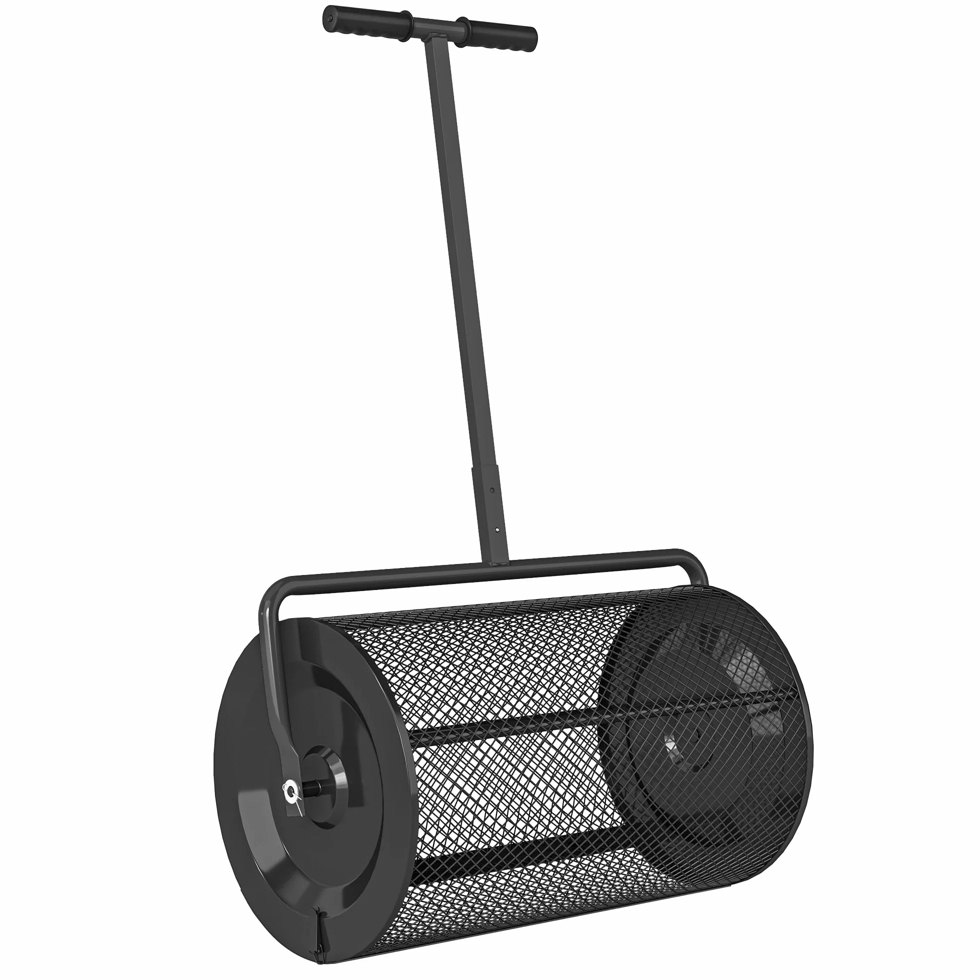 Outsunny Esparcidor de Compost 75L 70x40x112 cm Esparcidor de Abono para Césped con Asa Ajustable Cesto de Malla Metálica para Cuidado de Césped Jardín Negro
