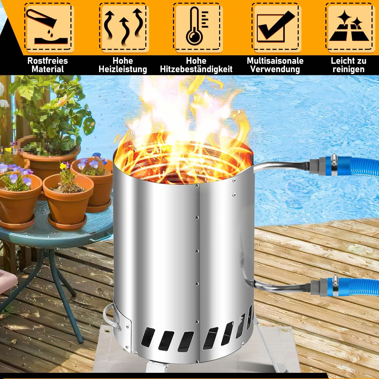 Fiqops Calefacción para piscina de leña con fuego, calentador de piscina de acero inoxidable con barril de fuego, estufa de piscina con conexiones de 32 – 38 mm, calefacción de piscina exterior de