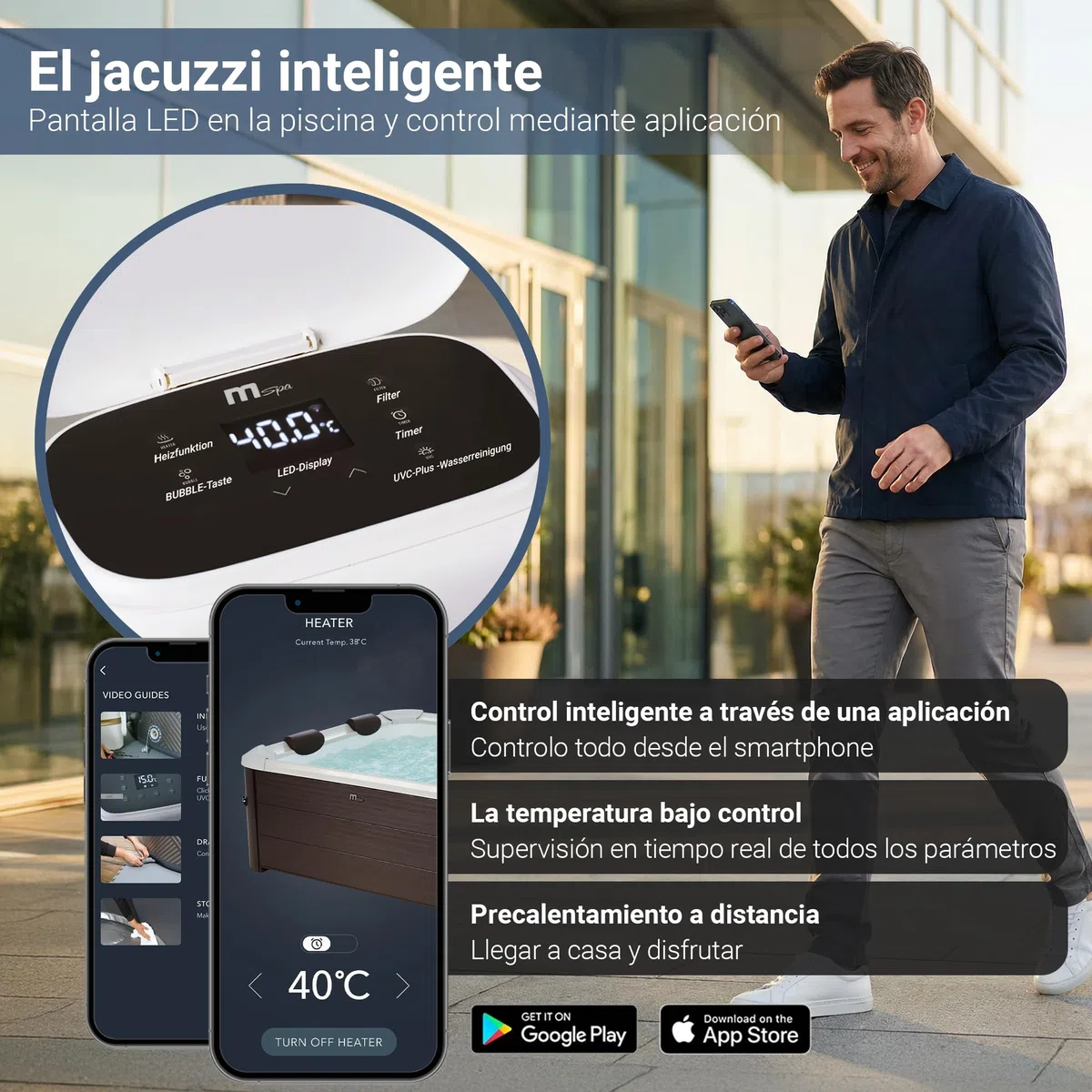 Miweba Whirlpool MSpa Tribeca con Pared Exterior Rígida | Control por App | SPA para 6 Personas | 160x160x65 cm | 120 Chorros de Masaje | Uso Todo el Año Resistente al Invierno