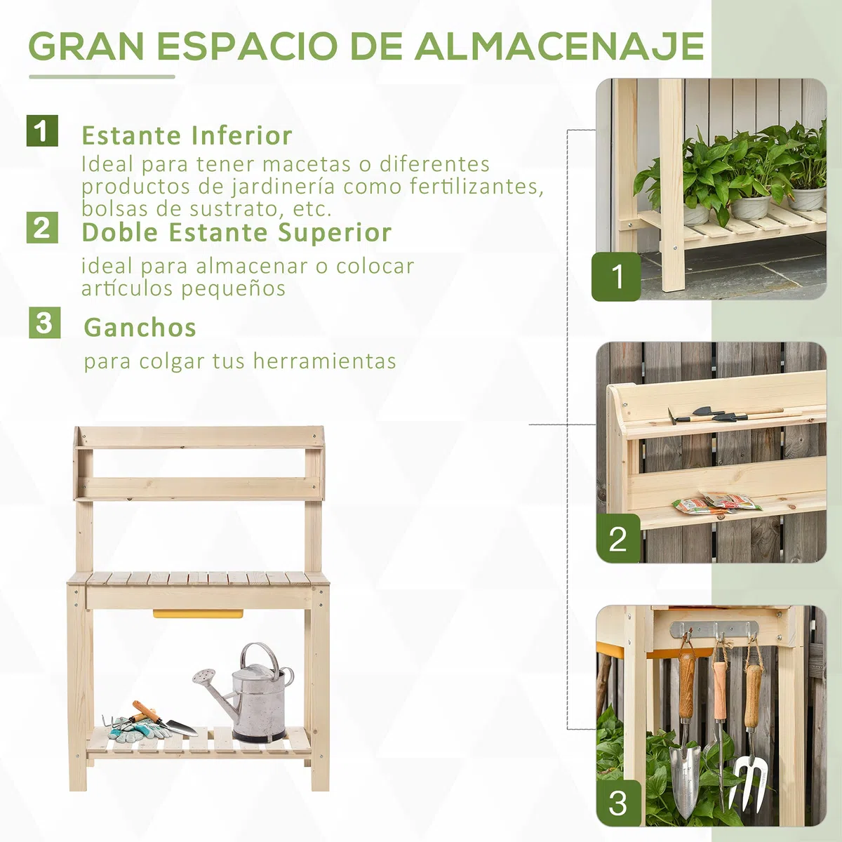 Outsunny Mesa de Plantación de Madera Mesa para Macetas Mesa de Trabajo con Tablero Deslizante 3 Estantes Ganchos Jardín Patio Garaje 100x40x140 cm Natural