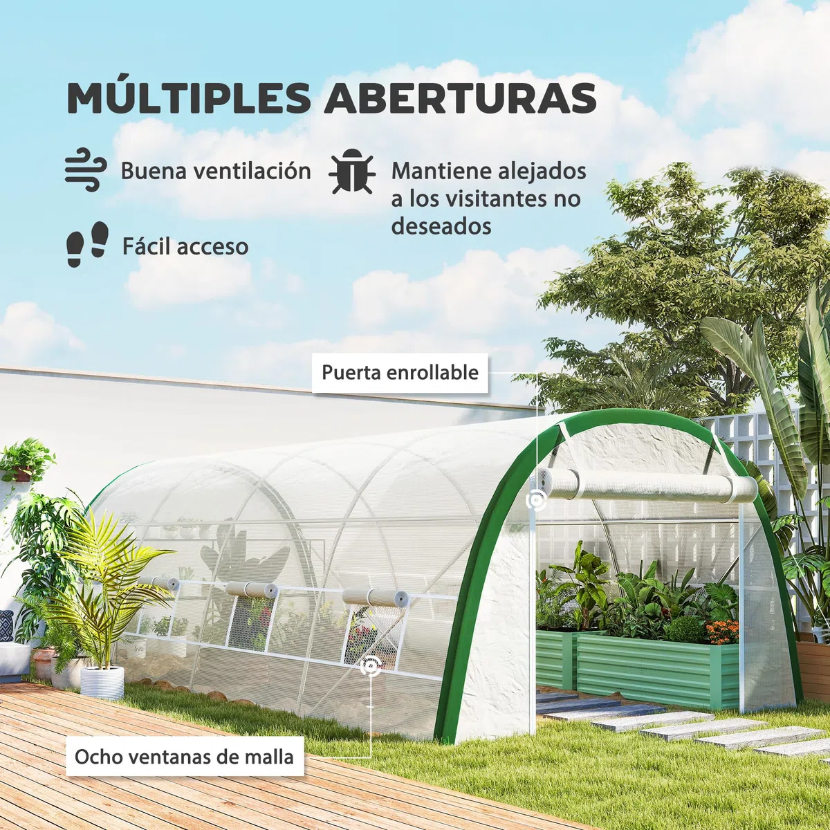 Outsunny Invernadero de Exterior 6x3x2 m, Invernadero de Túnel con Puerta Enrollable, 8 Ventanas de Malla, Cubierta PE 140g/m², Marco de Acero Galvanizado, Anti-UV, para Cultivos, Plantas, Blanco