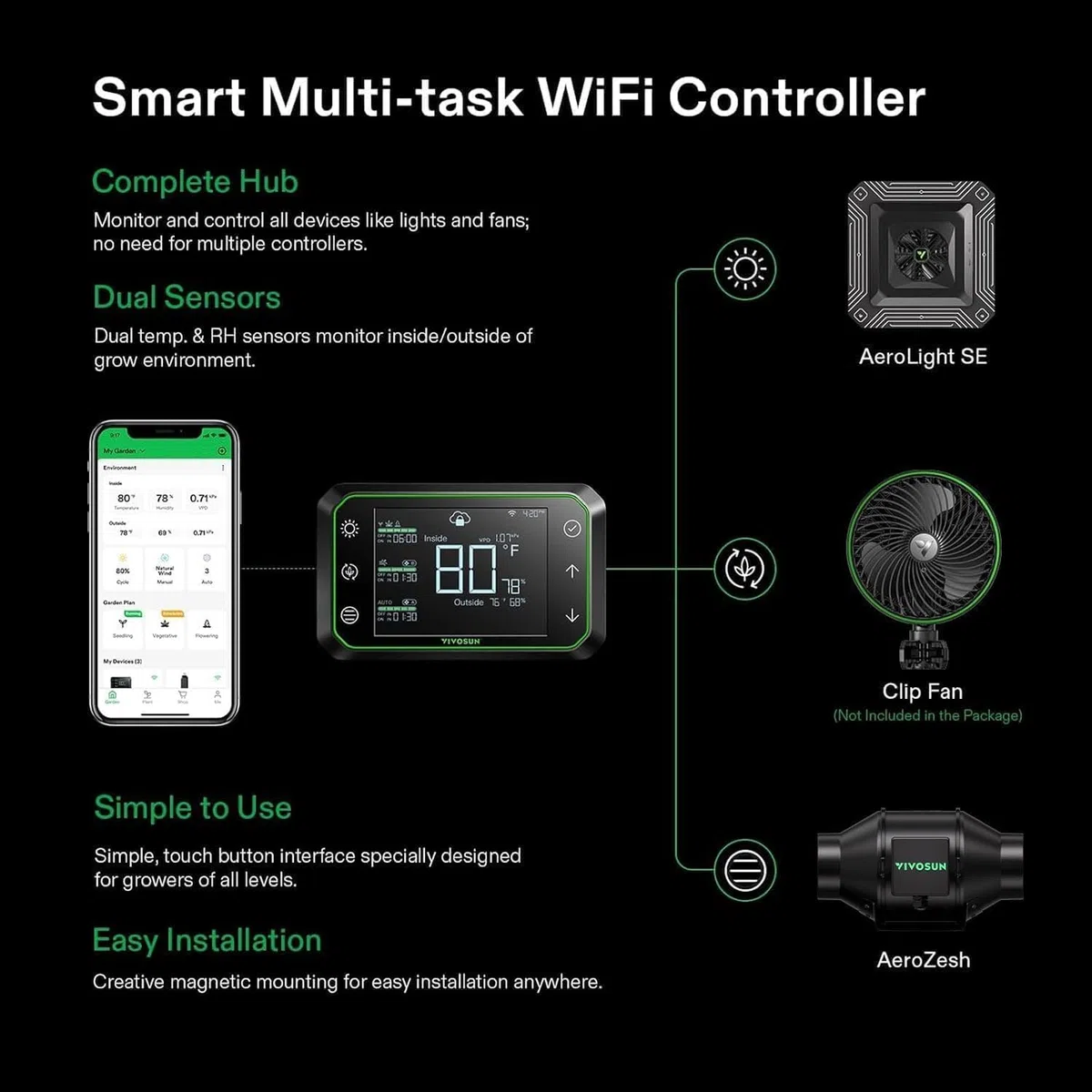 VIVOSUN Smart Grow Tent 60x60x120cm, Kit de Cultivo Interior con WiFi, Sistema Automático con Ventilación y Circulación, Lámpara LED 100W de Espectro Completo y Controlador GrowHub E42A