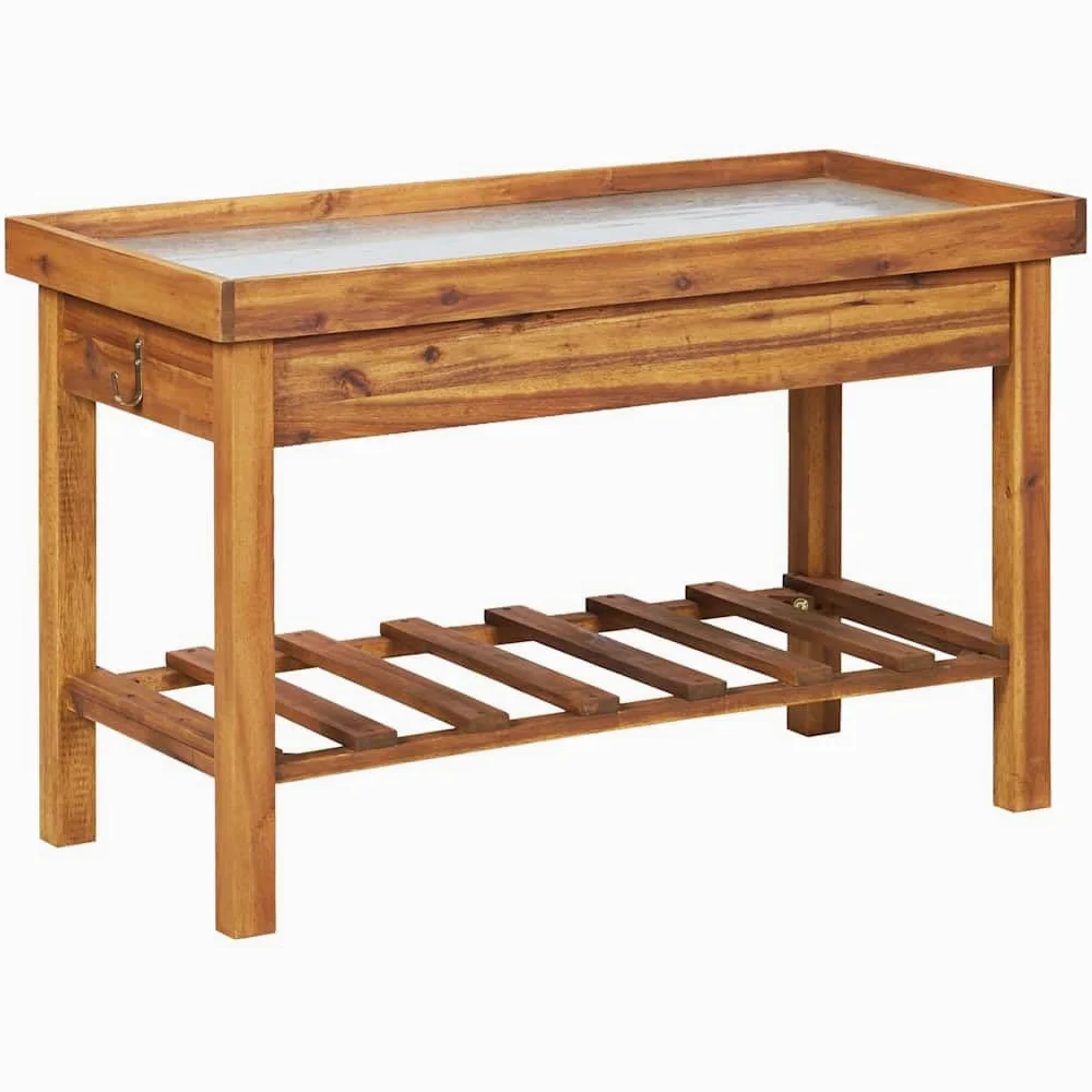 vidaXL Mesa de Cultivo de Jardín Tablero de Zinc Macetas con Estante Guardar Tierra Herramientas Usos Decorativos Madera Maciza de Acacia