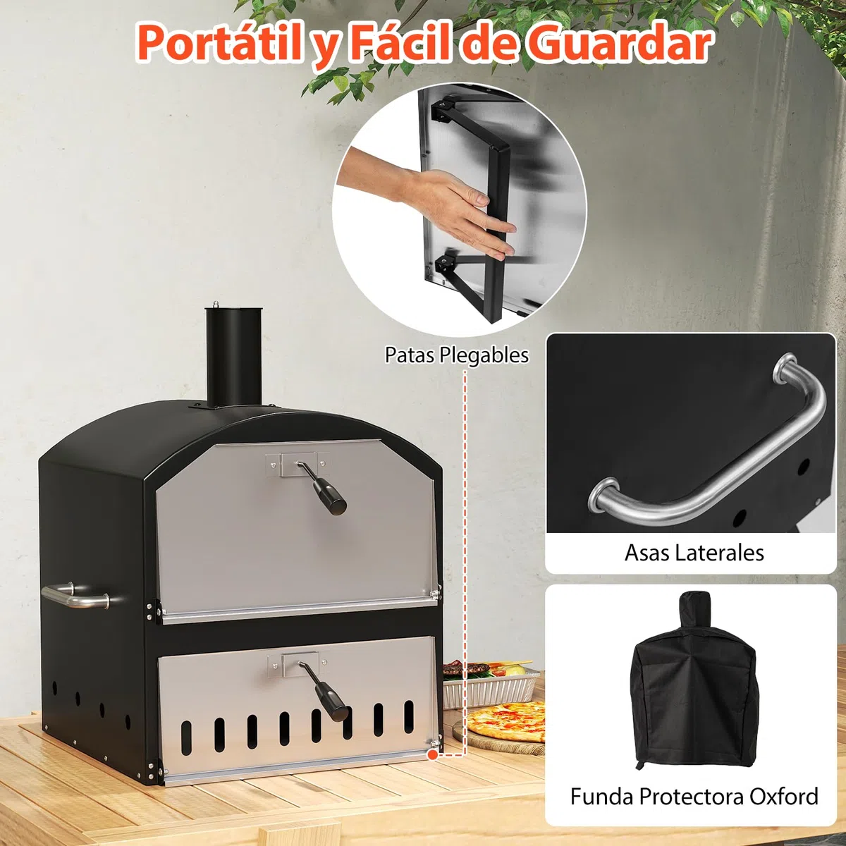 GOPLUS Horno de Pizza 16 Pulgadas Exterior, Horno de Pizza de Leña de 2 Capas con Piedra, Pala y Rejillas para Parrilla, Portátil con Patas Plegables y Cubierta, para Camping, BBQ, 61 x 53 x 83 cm