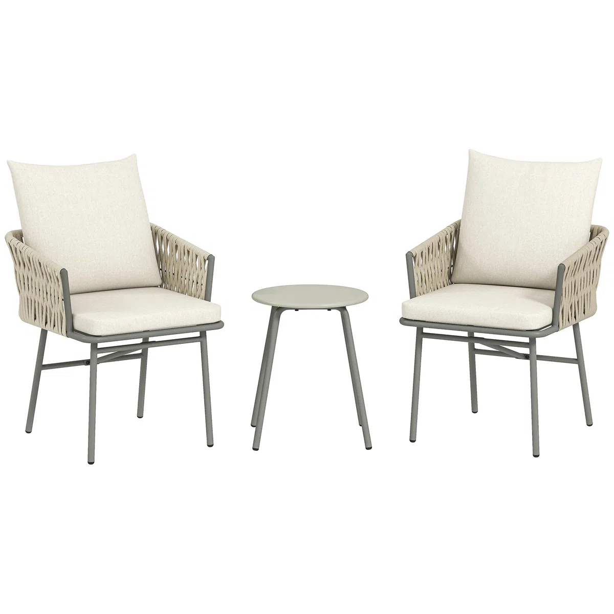 Outsunny Conjunto de Jardín Exterior de 3 Piezas Muebles de Jardín con 2 Sillas con Cojines Extraíbles Lavables y Mesa Terraza con Tablero de Metal Impermeable Anti-UV para Balcón Patio Gris y Crema