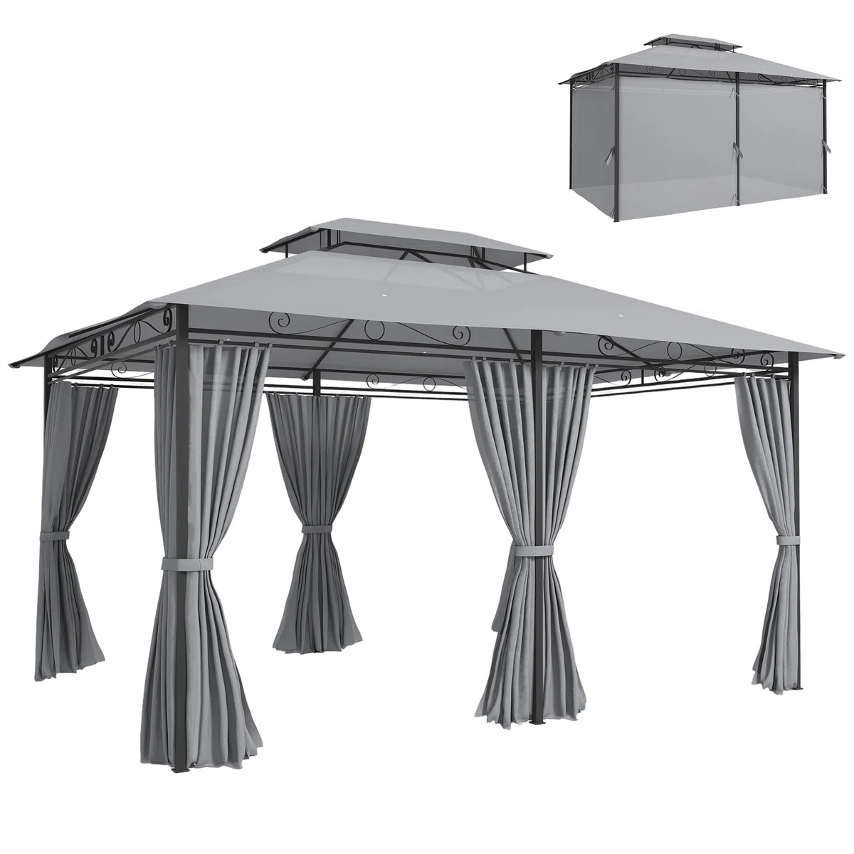 Outsunny Cenador para Jardín 3x4 m, Pabellón de Jardín, Gazebo con Doble Techo, 6 Paredes Laterales, Estructura Metálica, Drenaje, Carpa para Exterior, Terraza, Patio, Gris Oscuro