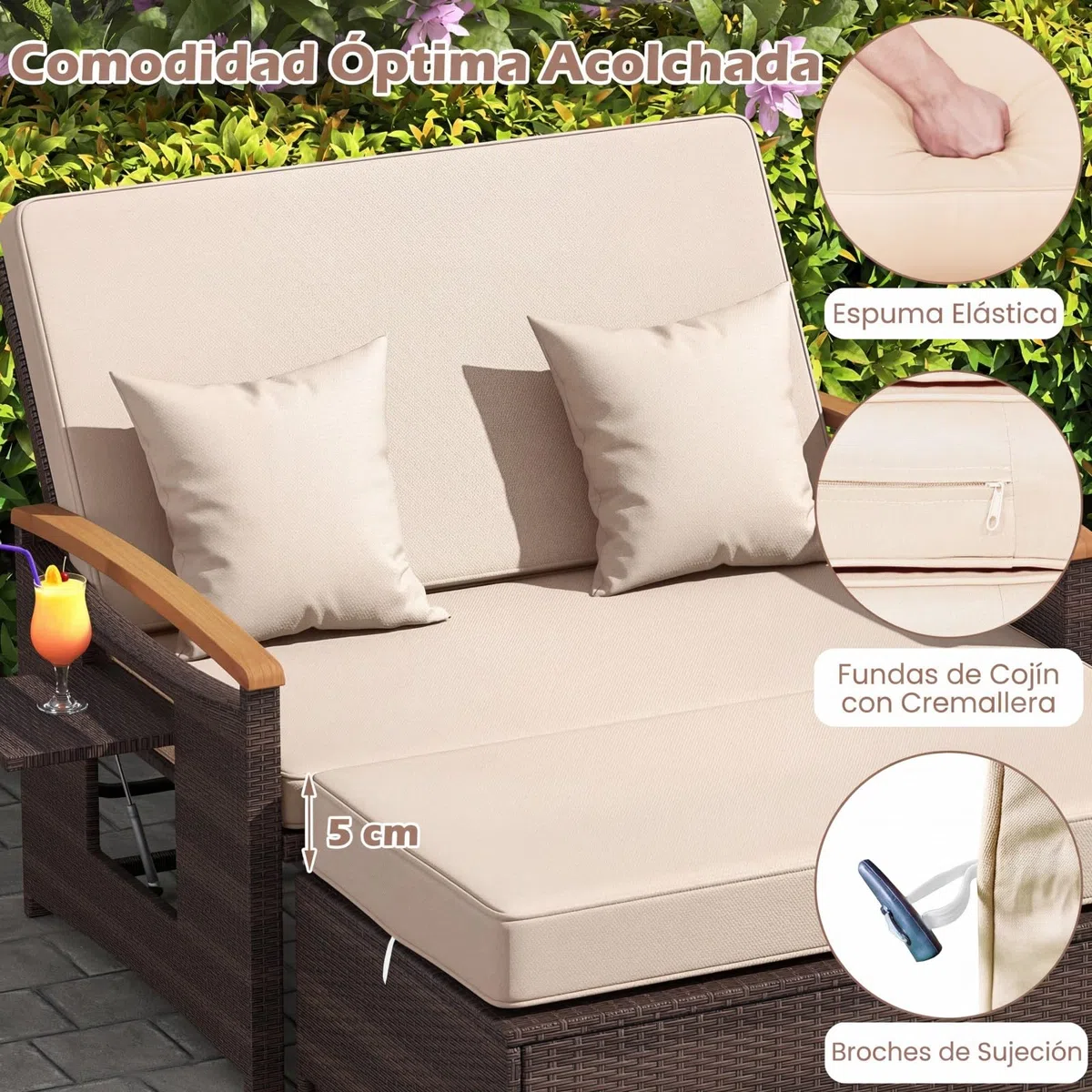 COSTWAY Sofa Exterior de Ratán con Reposapiés de Almacenamiento, 2 Plazas Tumbona Acolchado, Cama Respaldo Ajustable de 4 Niveles, Bandejas Laterales Retráctiles, Tumbona Doble de Ratan (Marrón)