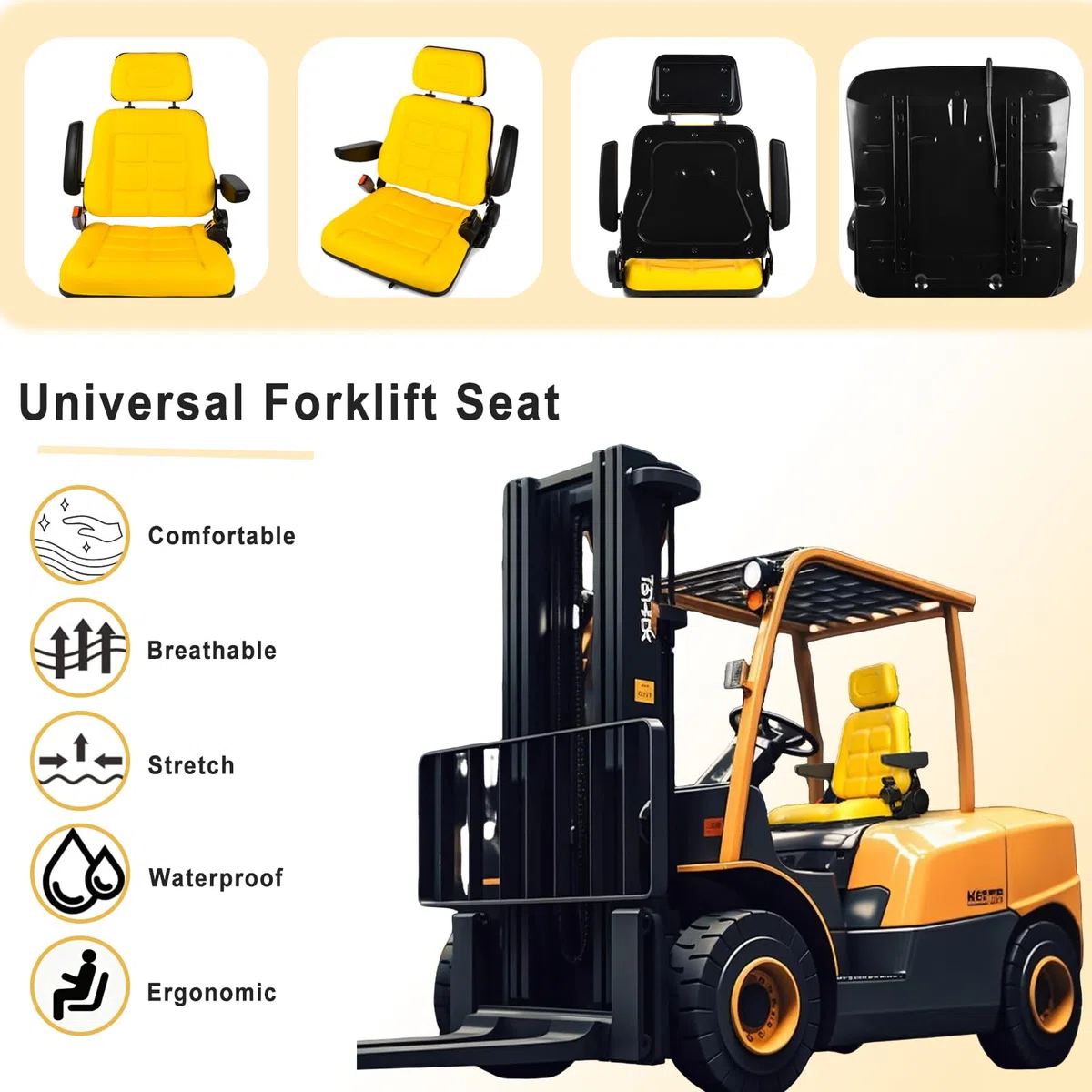 Asiento universal para carretilla elevadora con respaldo ajustable, asiento de tractor de PVC con cinturón de seguridad autorrebotante, asiento amarillo para cortacésped con reposabrazos para