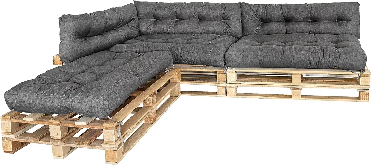 MKS Cojín para palés de exterior con correas tensoras a juego con la paleta, para balcón, sofá, resistente al agua, para exteriores, para bancos de exterior (juego de 6 unidades (3 x 120 x 80 cm + 3 x