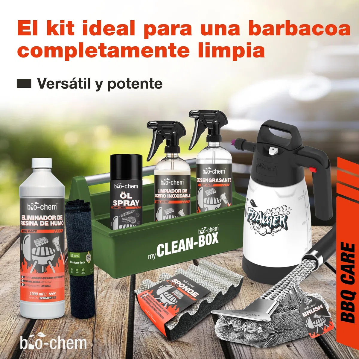 Bio-Chem - Kit Limpieza Barbacoa con pulverizador de Espuma 9 pz: Limpiador Resina 0,5L - Desengrasante Superficies BBQ 750ml - Spray per INOX 750ml - Spray di Aceite 200ml - con Accesorios