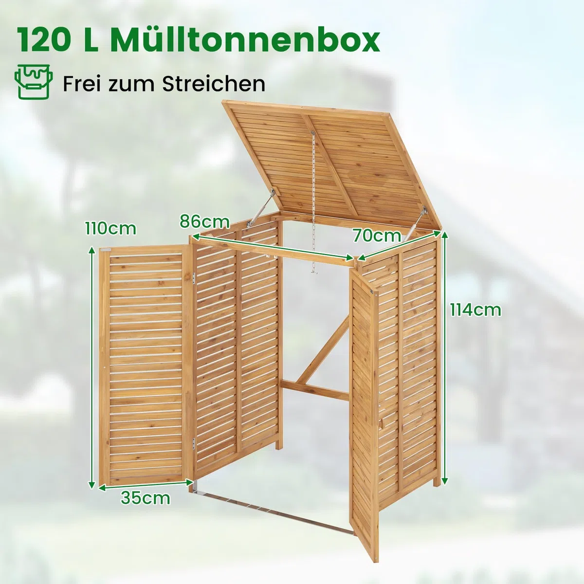 RELAX4LIFE Contenedor de Basura de Madera para 1 Tonelada 120 L, Revestimiento de Contenedores de Basura 86 x 70 x 114 cm, Casa de Cubos de Basura con Tapa y Puertas Dobles (Natural)