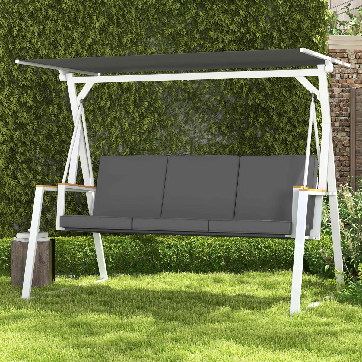 Outsunny - Balancín de jardín de 3 plazas con techo de inclinación ajustable, colchón incluido, marco de acero dim. 205 x 130 x 175 cm, color gris oscuro