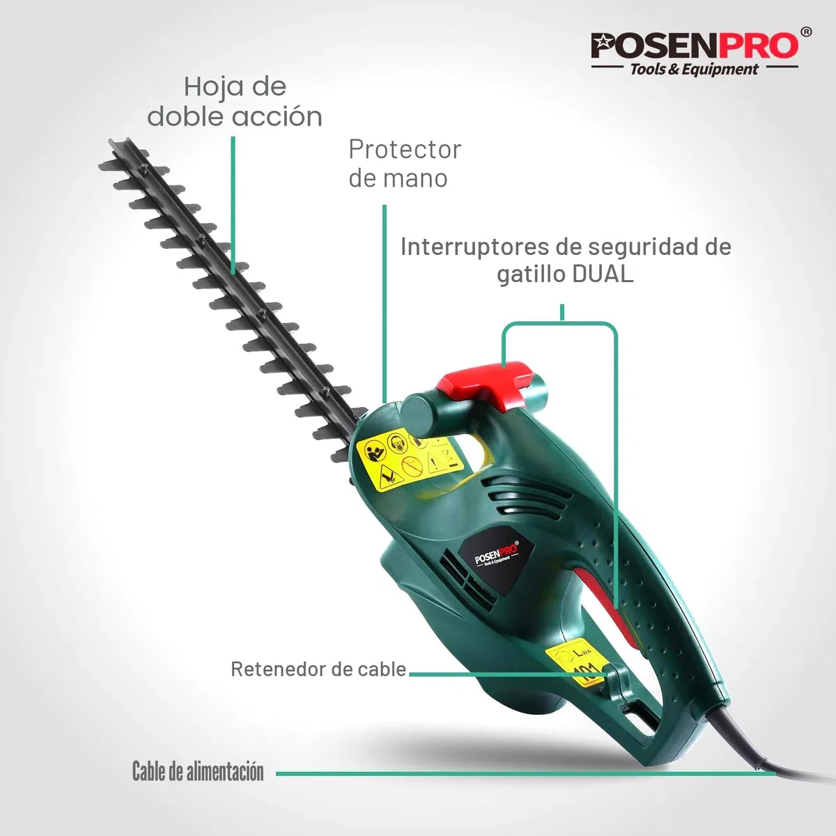 POSENPRO Cortasetos Eléctrico 450 W, Recortasetos eléctrico con Cable, Tijeras Cortasetos eléctrico, Longitud de la Cuchilla de 45 cm, Espacio Entre Dientes de 16 mm, Peso 2,0 Kg