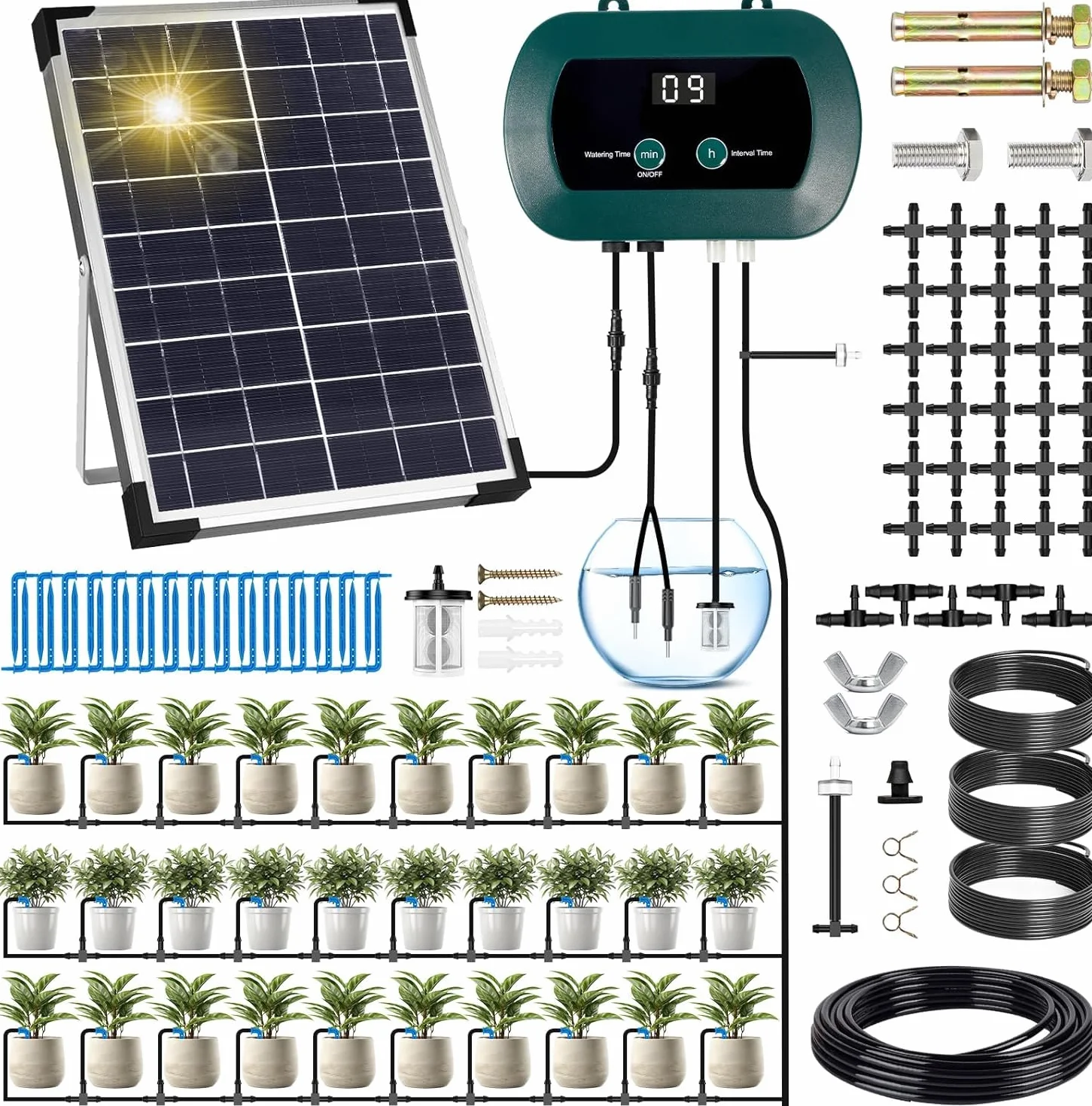 Kit de Riego por Goteo Automático Energía Solar, Sistema de Riego Automático Solar, Sistema de Riego Automático de Jardín con Temporizador e Tubo Lungo 35M para Jardín, Plantas de Balcón