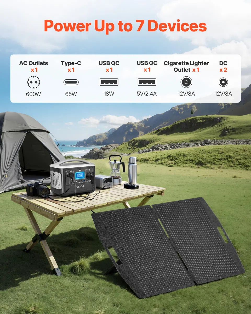 VEVOR Estación de Energía Portátil 600 W con Panel Solar de 100 W, Generador de Energía Batería de Respaldo LiFePO4 de 493 WH, con 7 Puertos de Salida para Hogar, Campamentos, Viajes en Autocaravana