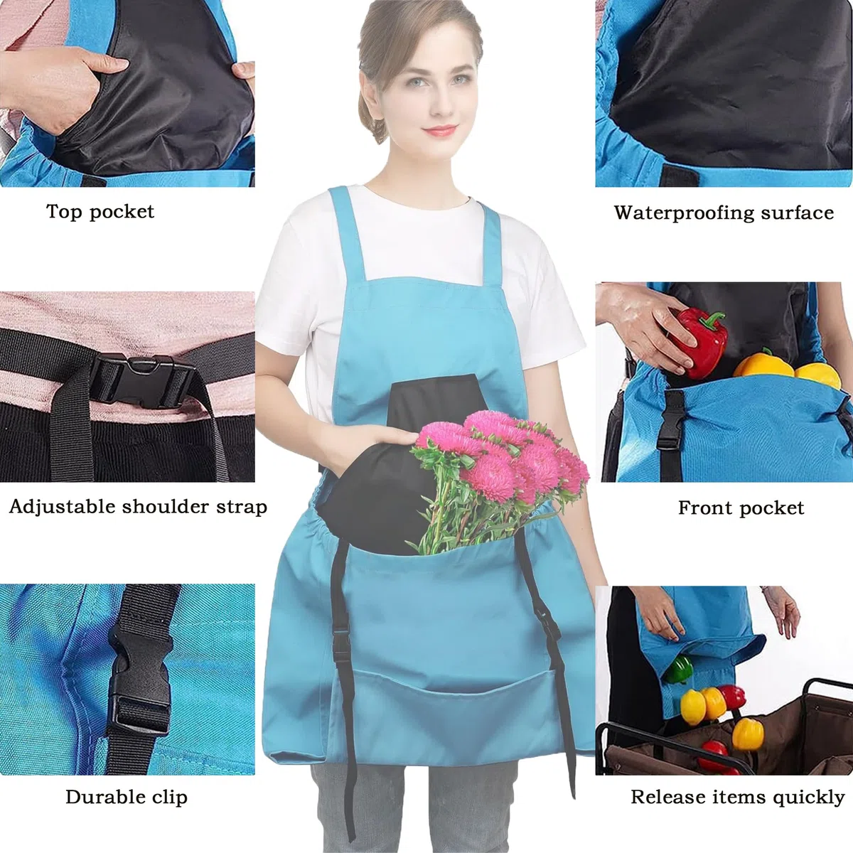Bolsa De Recogida De Frutas Del Delantal, Azul Delantal De Jardinería, Bolsillo De Liberación Rápida Para Huerto y, Bolsa Para Recoger Frutas, Verduras, Bayas, Bolsa Para Recoger Jardín