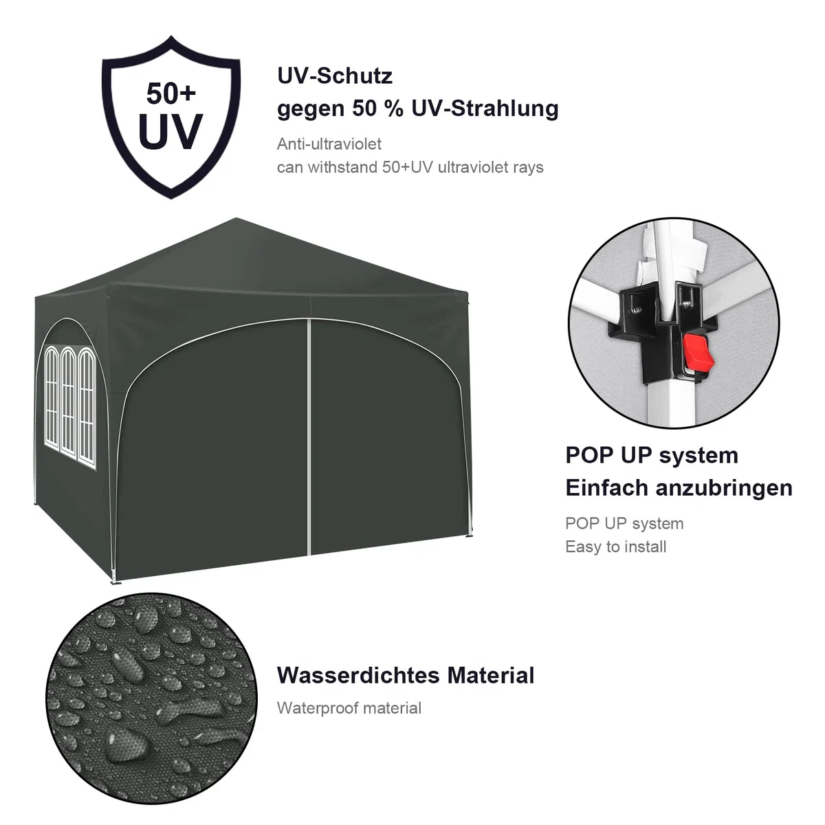 WOLTU Pabellón de Jardín Cenador Plegable Pérgola con Techo Carpa para Exteriores de Tela Oxford, 3x3 m, con Paredes Laterales Altura Ajustable para Camping y Playa,Gris