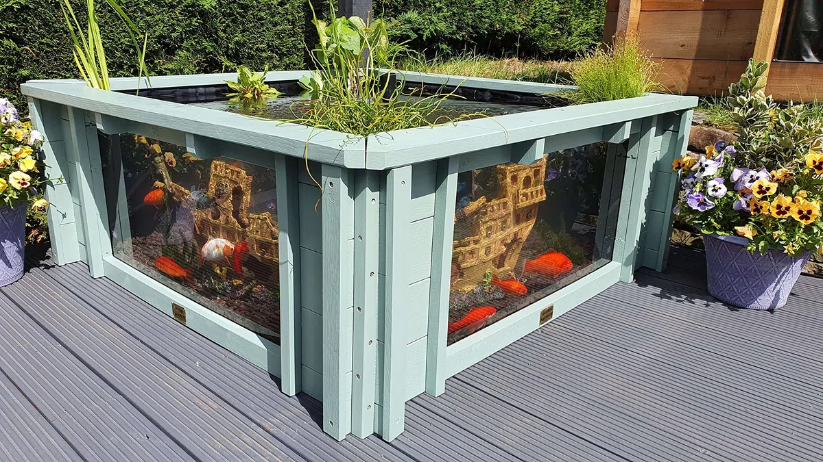 Lotus Clear View Garden Aquarium - Estanque de jardín cuadrado elevado con ventanas (verde hierba marina)