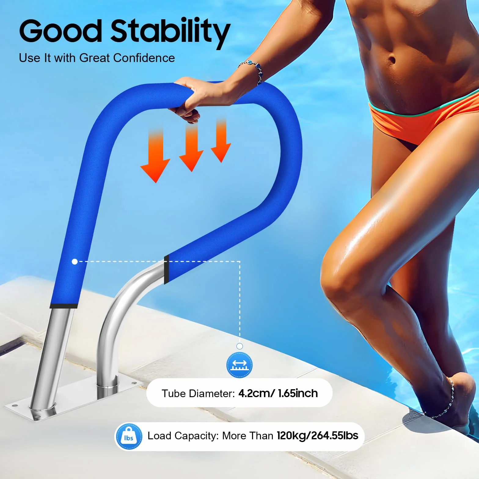 Barandilla de acero inoxidable, pasamanos para piscina, barra de sujeción para piscina, acero inoxidable, arco con cubierta de mango y accesorios para piscinas, inclinado, parque acuático de spa