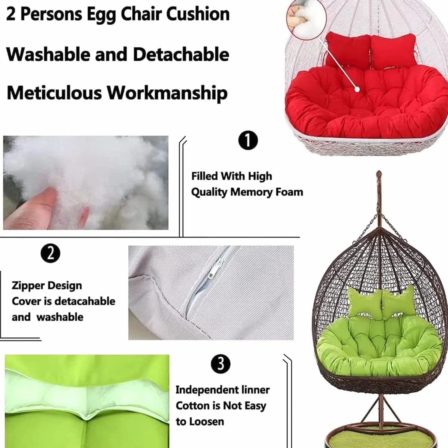 Silla colgante doble de ratán para 2 personas con reposacabezas ajustables y colchón colgante, muebles de jardín para patio al aire libre, color marrón
