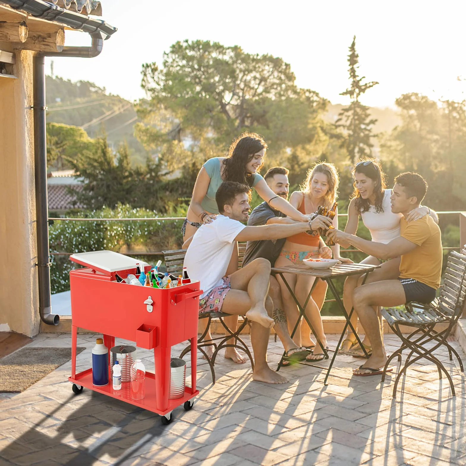 GYMAX Carro Refrigerador de 76 litros, Enfriador de Bebidas con 4 Ruedas Universales, Estante y Abrebotellas, Nevera con Doble Tapa, Caja Térmica, Enfriador de Bebidas para Jardín, Terraza