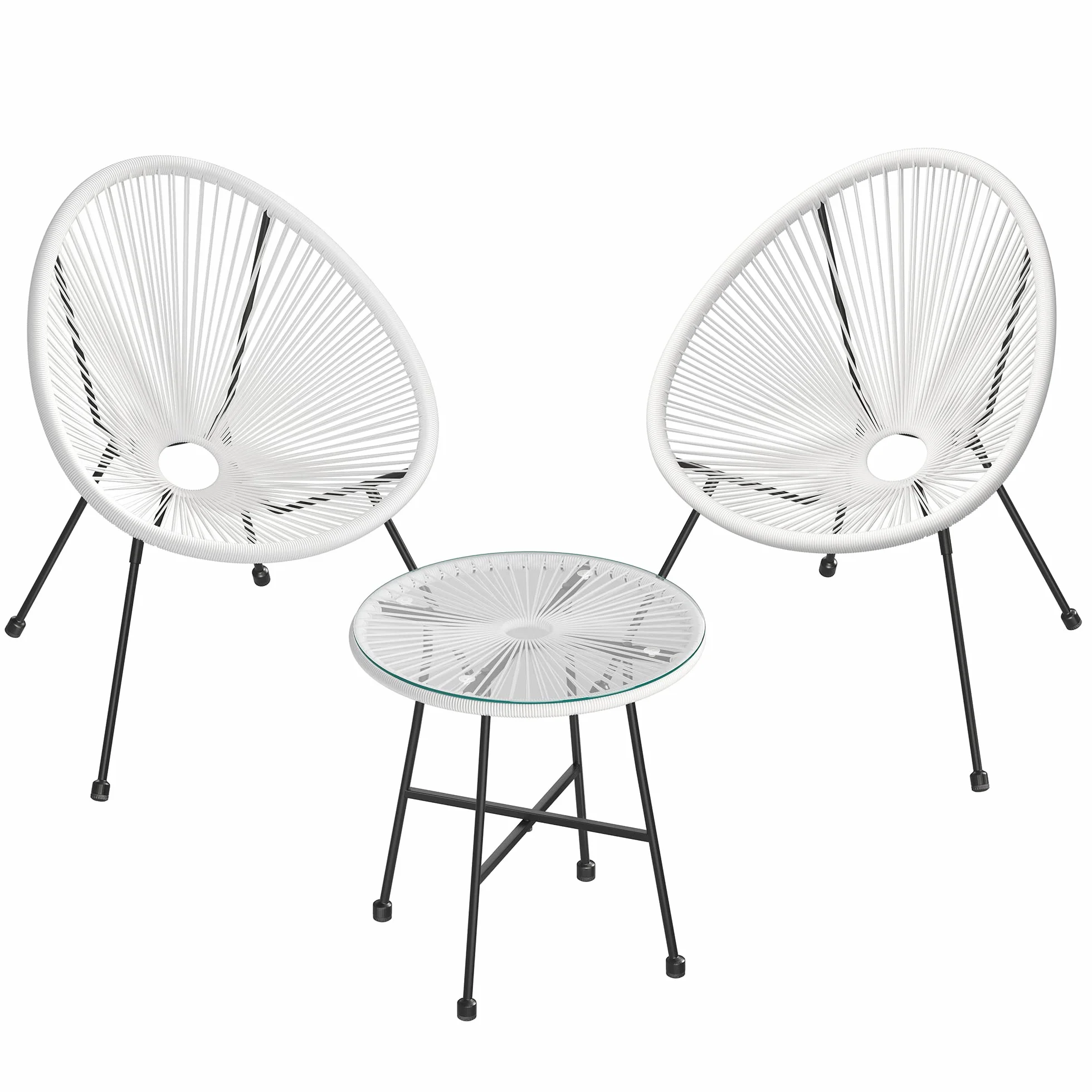 SONGMICS Conjunto de Muebles de Jardín, 3 Piezas, Silla Acapulco, Asientos de Exterior, Mesa con Tapa de Cristal y 2 Sillas, Conjunto Mueble de Interior y Exterior, Blanco GGF013W02