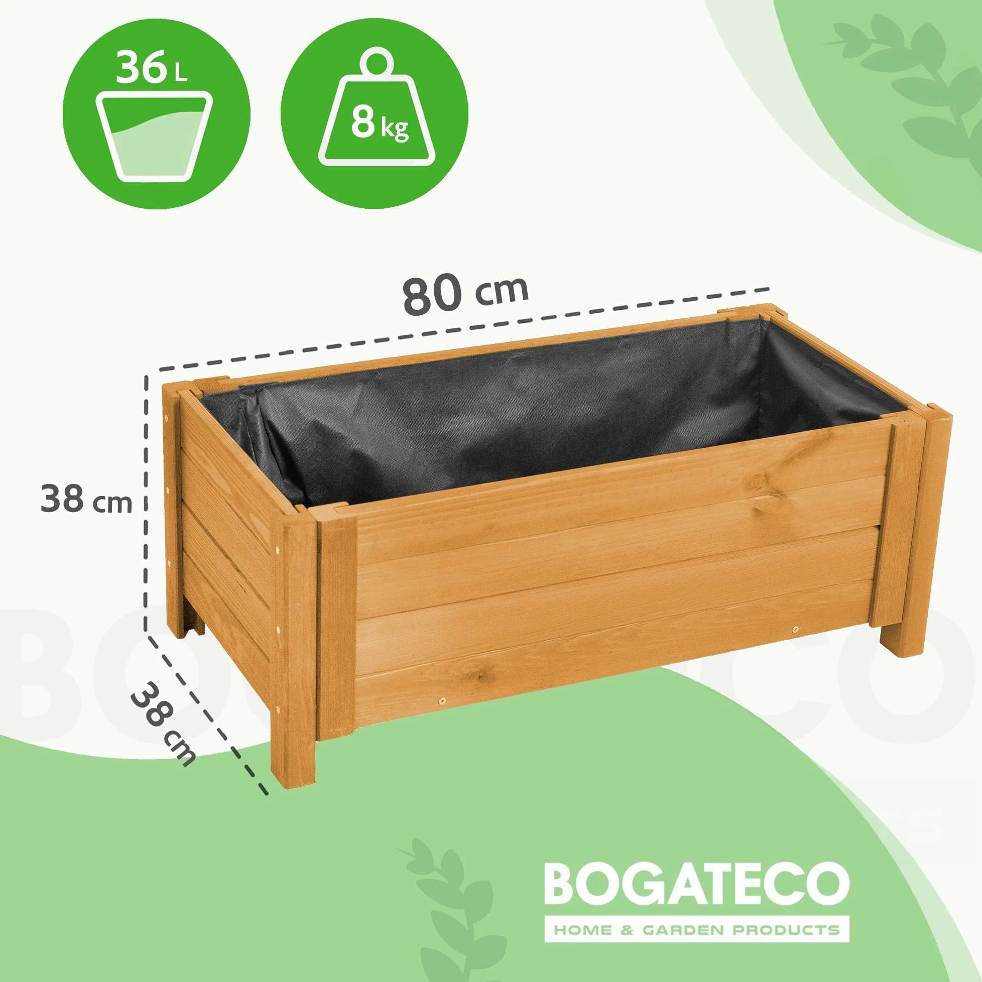 BOGATECO Macetero Jardín Madera para Exteriores | 38 x 80 cm | Terraza Balcón | Caja Cuadrada | Construcción Robusta y Impregnado | Llega ensamblado | con Agro-Textil | Roble Marrón