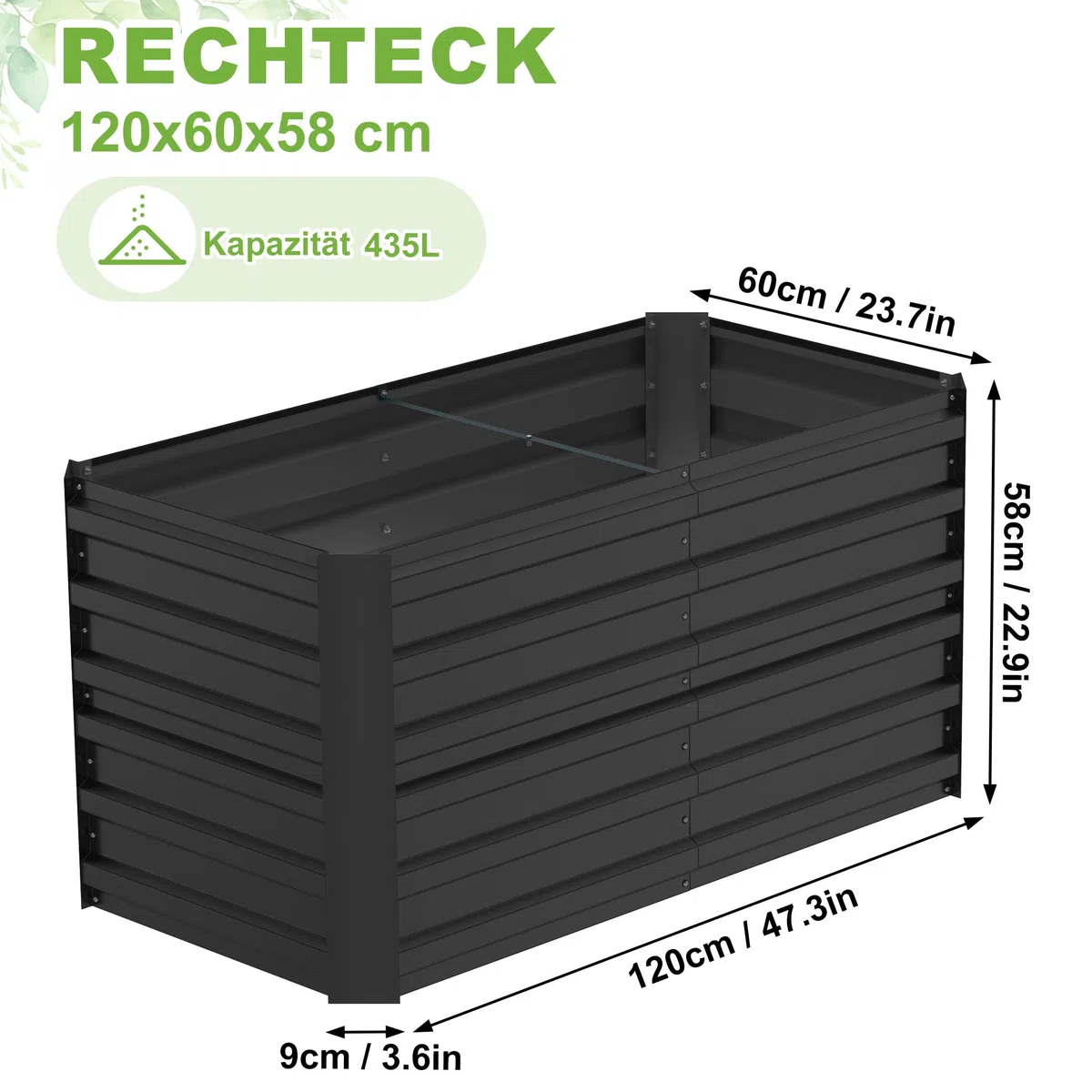 FIVMEN Jardinera de acero galvanizado, 120 x 60 x 58 cm, jardinera grande para exteriores, jardinera, jardinera, rectangular, para jardín, balcón, color negro