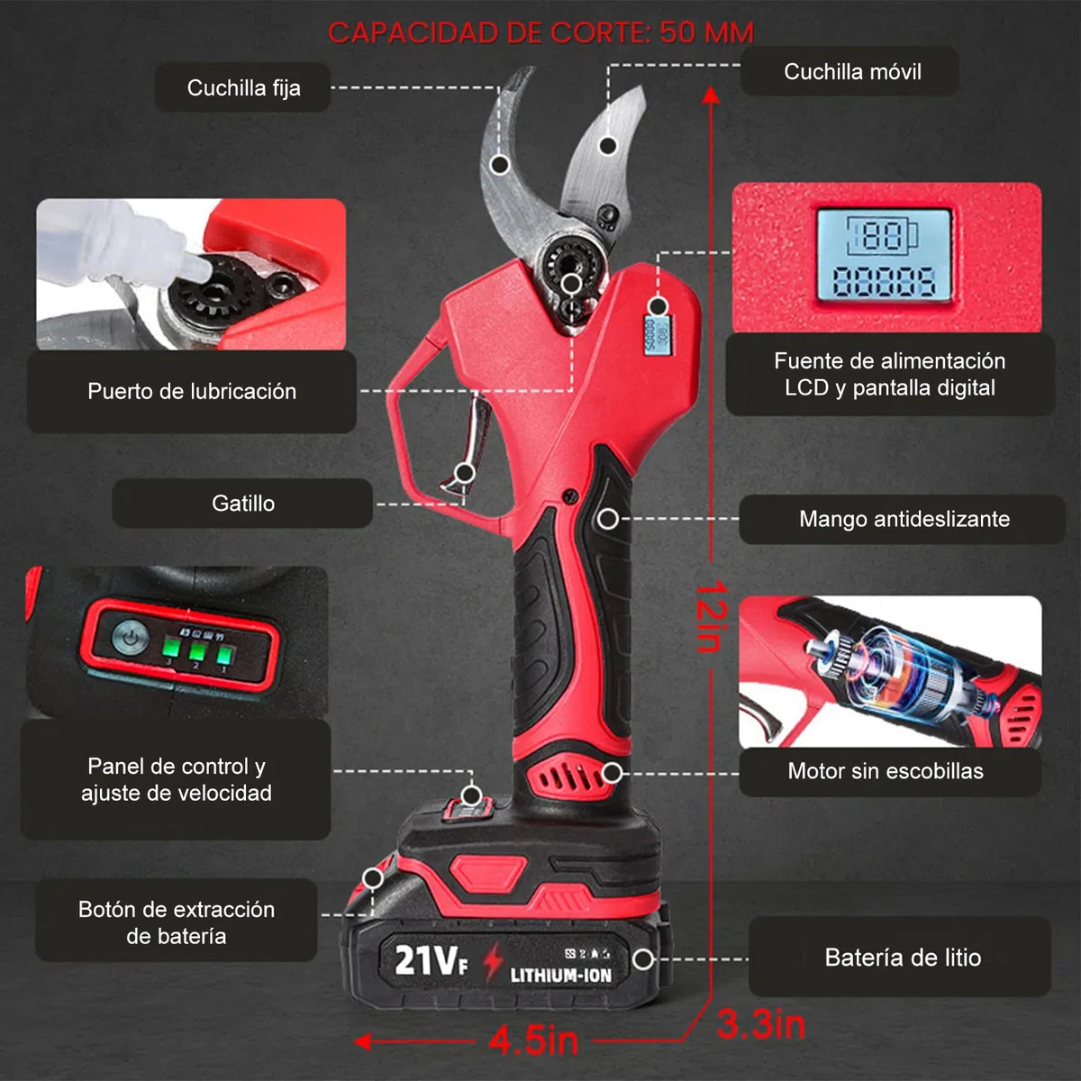 Tijeras de Podar Electricas, 50 mm Tijeras de Poda con 2 Baterías 3000 mAh, Pantalla LCD, 1000W Sin Escobillas, Tijeras podar Bateria para Poda de Árboles, Setos y Ramas