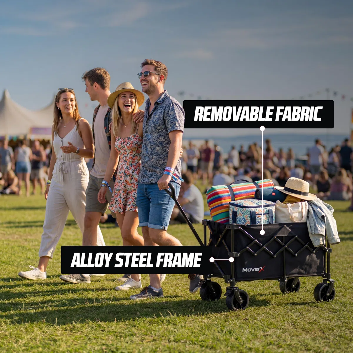MoverX Carrito de festival de 120 litros, plegable, para camping, playa, al aire libre, jardín, picnic, compras, pesca, ruedas anchas, mango