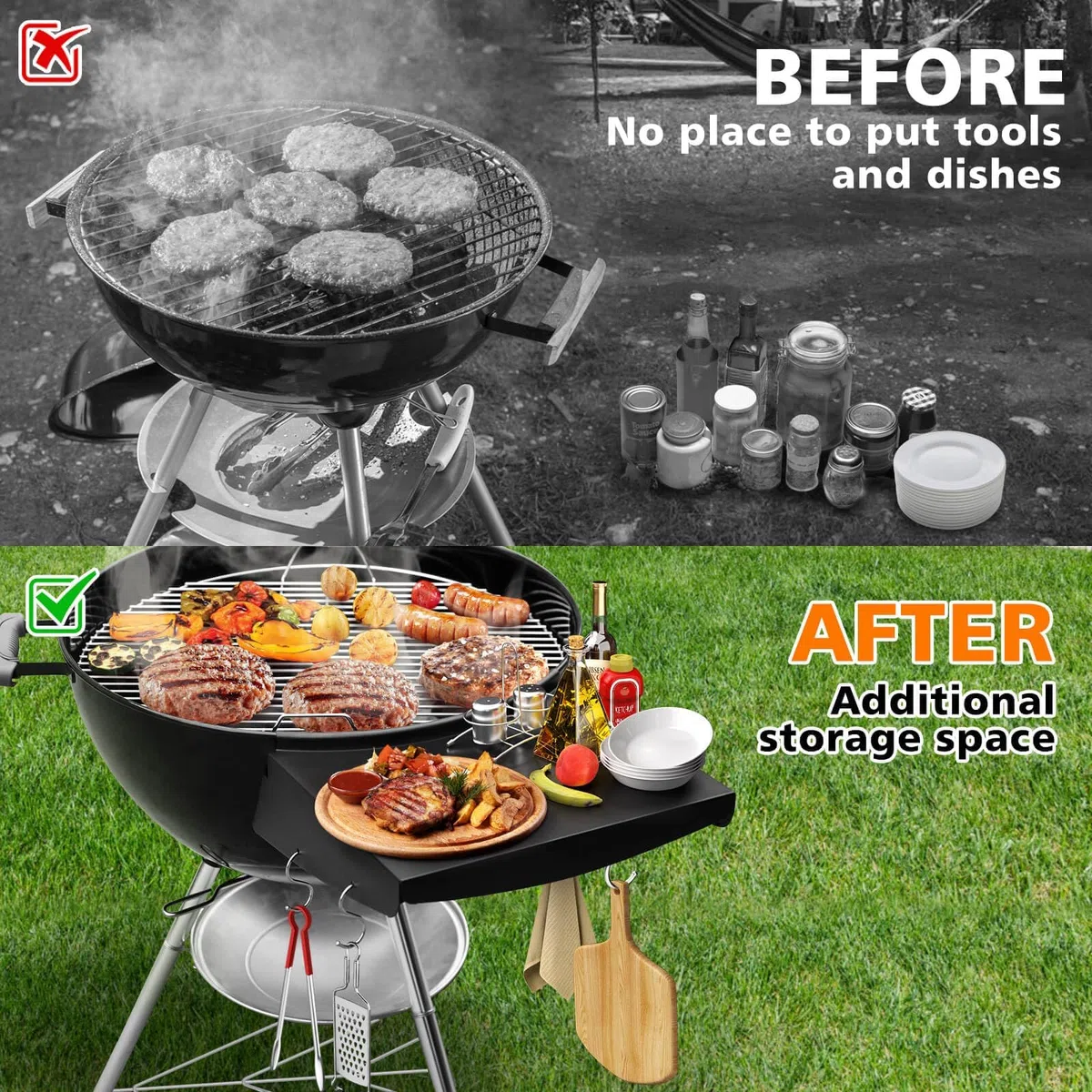 Grisun Estante de mesa para parrillas Weber Kettle de 22 pulgadas, estante de mesa lateral para Weber Master Touch, parrilla de carbón original, accesorios de parrilla de hervidor, estante de mesa de