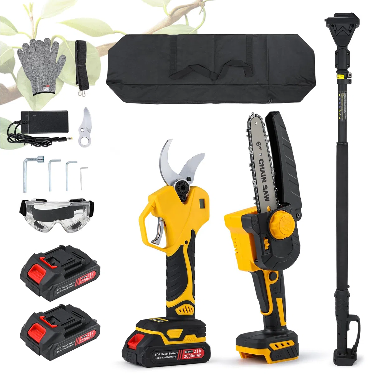 Moongiantgo 3-en-1 Tijeras de Podar Telescópicas y Motosierra Telescópica Electrica, Tijeras de Poda 6,5cm & Motosierra 15cm con Pértiga Telescópica 2m, 2x2000mAh, Bolsa Almacenamiento