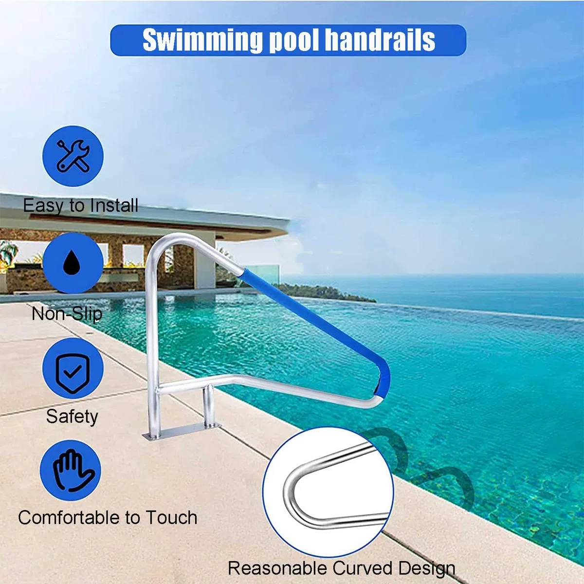 Barandilla de Escalera de Piscina de Acero Inoxidable para Piscina Enterrada Pasamanos Fácil Montaje con Placa Base de Montaje Rápido para Piscina Sauna Parque Acuático Interior y Exterior