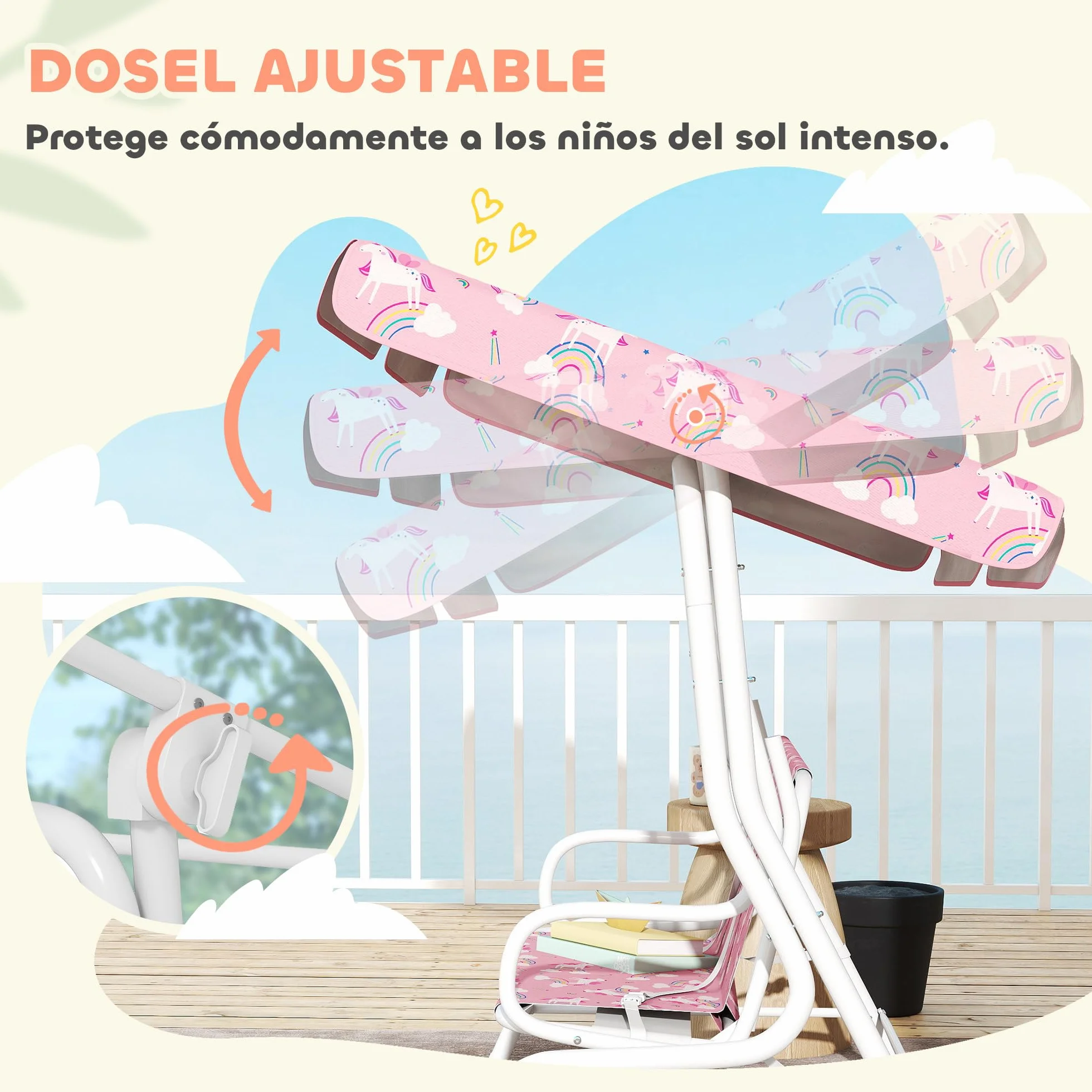 AIYAPLAY Columpio de Jardín Exterior para Niños de 2 Plazas, Balancín de Jardín, Toldo Ajustable, con Cinturones de Seguridad, Diseño de Unicornio y Arcoíris, para Interior, Patio, 112x75x120 cm, Rosa