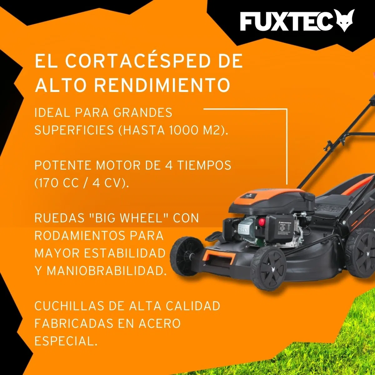 Cortacésped autopulsado de Gasolina FUXTEC FX-RM5170 4 en 1-170 cm³ 4 CV, 4 Tiempo, 51 cm de Ancho de Corte con regulación en 7 Alturas y 60 L de depósito, Funciones Mulching y Eje Lateral