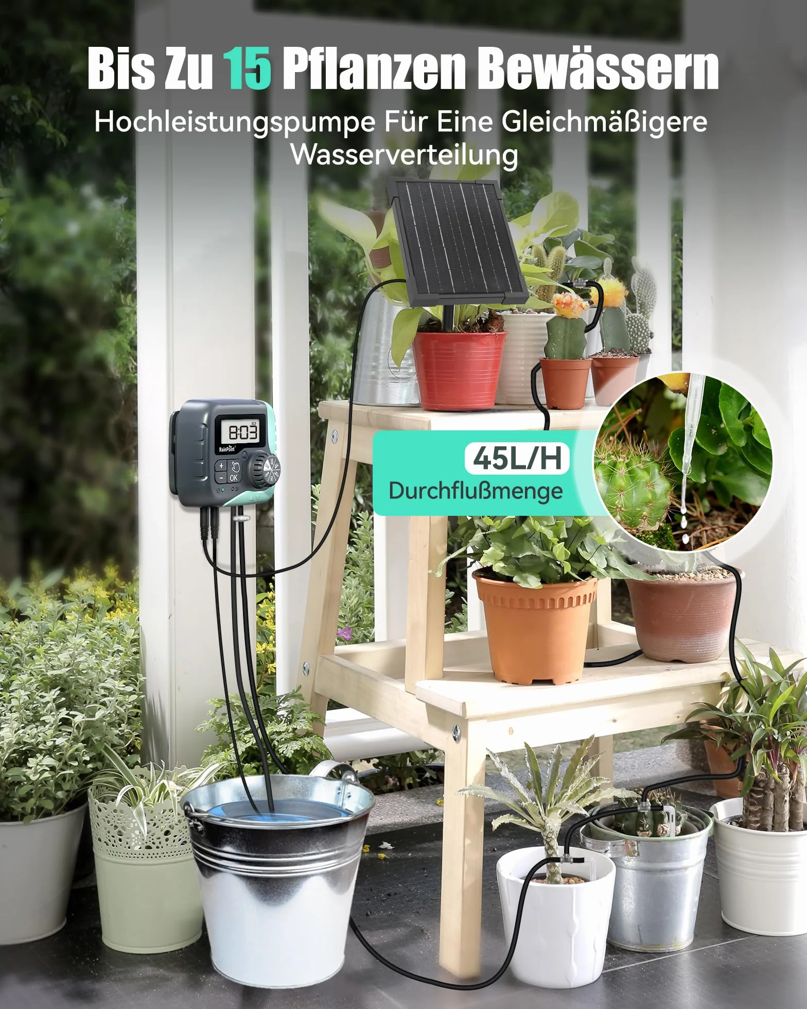RAINPOINT Kit de Riego por Goteo Automático Solar, Sistema de Riego Automático de 45L/H con Bomba Programable, Batería de 2600mAh, para Macetas Vacaciones, Balcón, Jardín