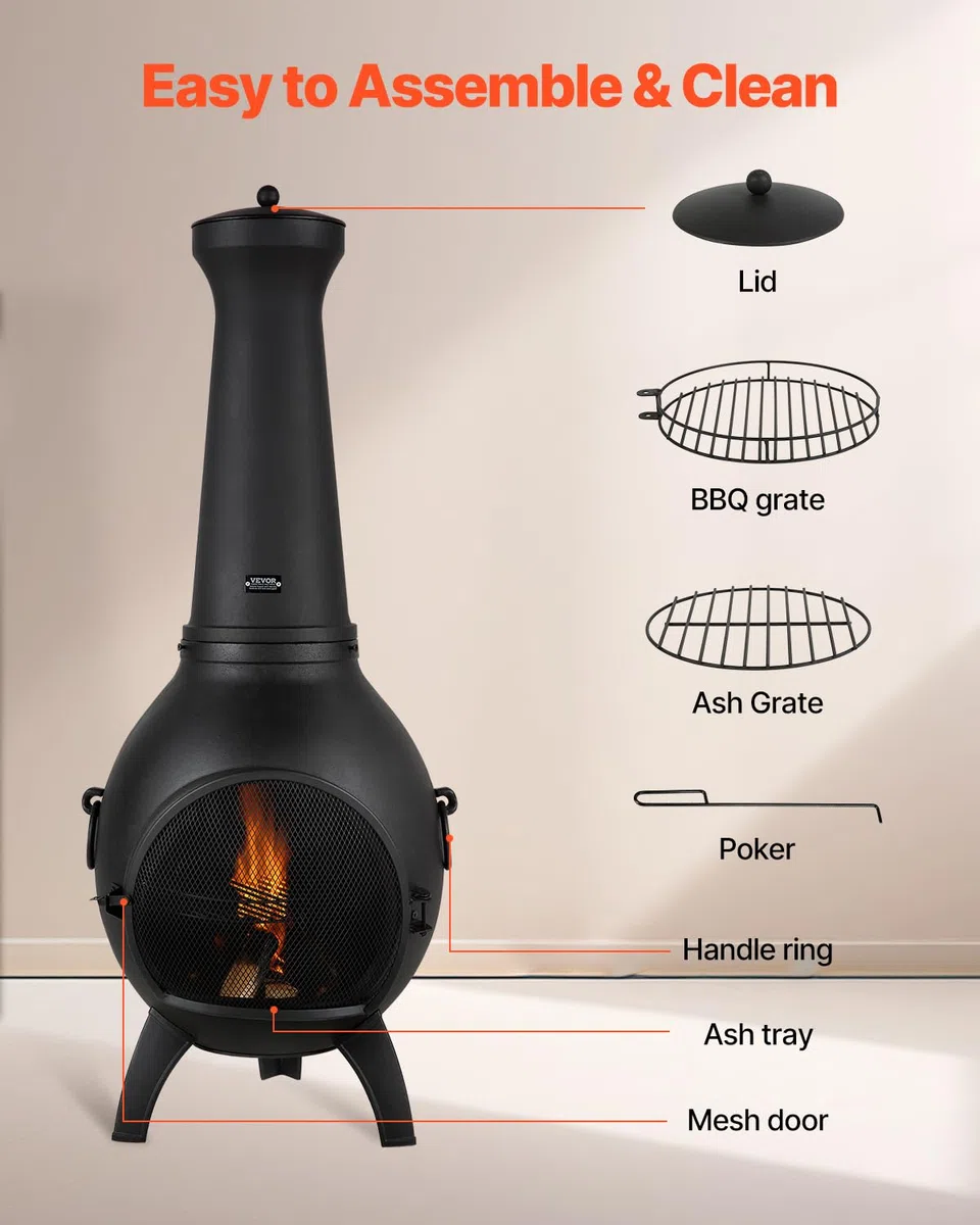 VEVOR Chimenea de Leña Exteriores 457 mm, Chimenea Esférica para Barbacoa y Calentamiento con Malla para Parrilla Revestimiento para Tapa a Prueba de Óxido para Patio, Jardín, 430 x 420 x 1120 mm
