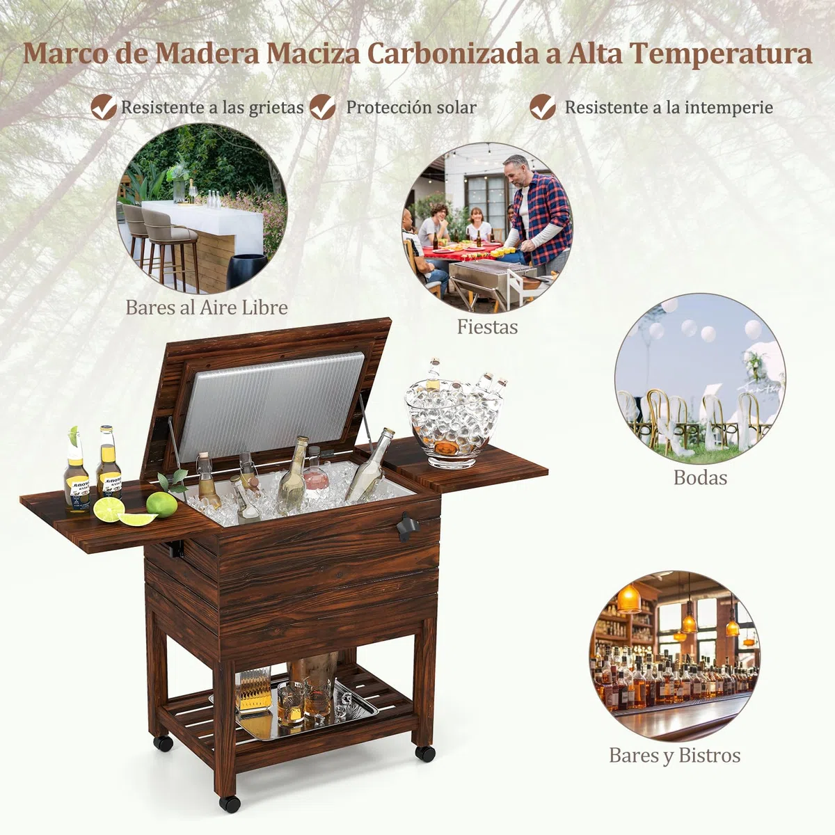 GYMAX Carrito Nevera Rodante de Madera, Enfriador Portátil 51L con 2 Mesas Plegables, Abrebotellas Integrado, Ruedas Bloqueables, para Patio, Piscina, Jardín, Barbacoa, Fiestas, Exterior, Camping