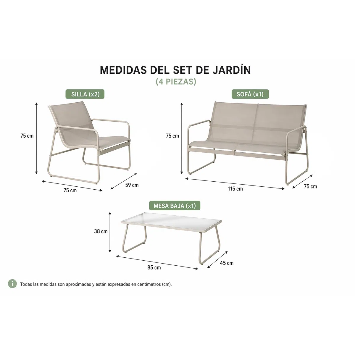 Acomoda Textil - Conjunto de Jardín 4 Piezas con Sofá, 2 Sillones y Mesa de Centro. Set Exterior para Terraza, Patio o Balcón Fácil Instalación. (Beige)