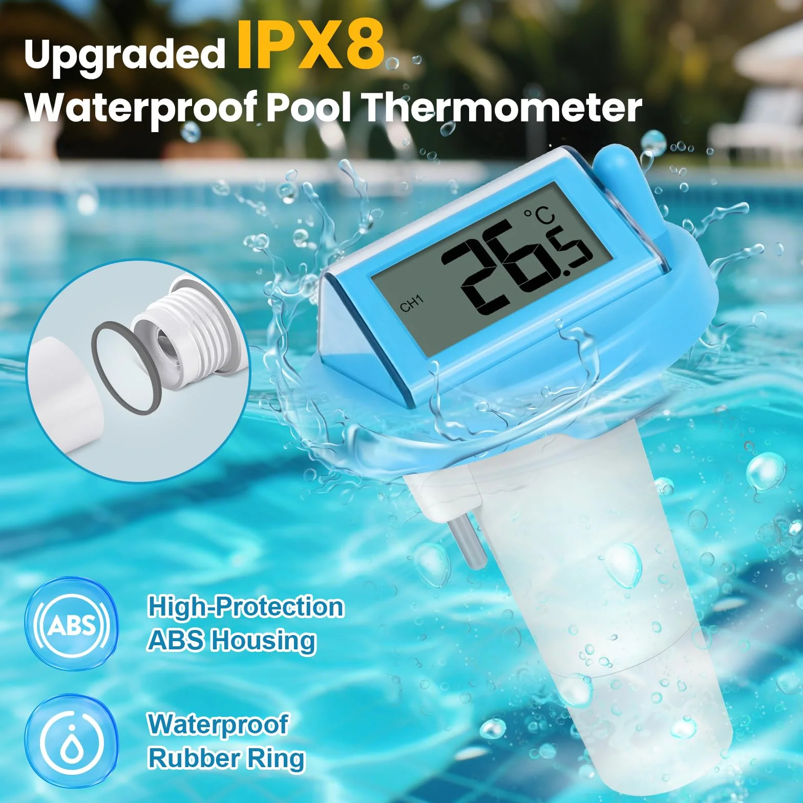 PATEMZON Termómetro Piscina Solar, Termómetro Piscina Connecté, Termometro Piscina Sin Fil Flottante con Récepteur Radio LCD, Accessoire Piscine pour Aquarium, Étang à Poissons