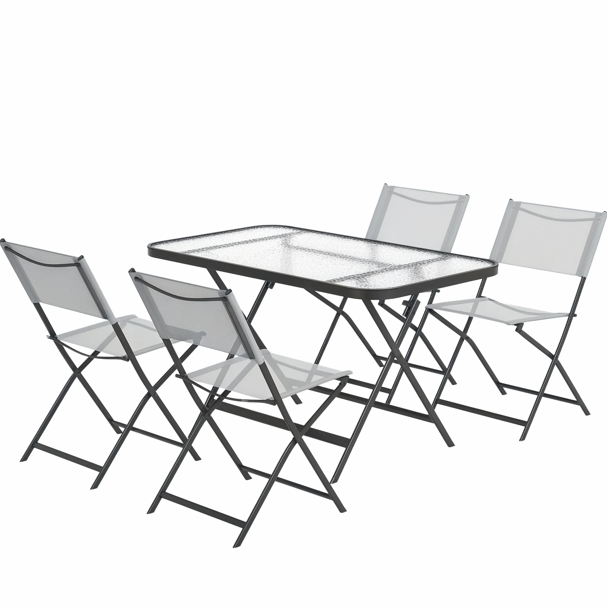 Outsunny Conjunto de Jardín Conjunto de Comedor de Exterior de 5 Piezas Incluye 1 Mesa de Vidrio Templado y 4 Sillas Plegables Estilo Moderno para Terraza Patio Gris