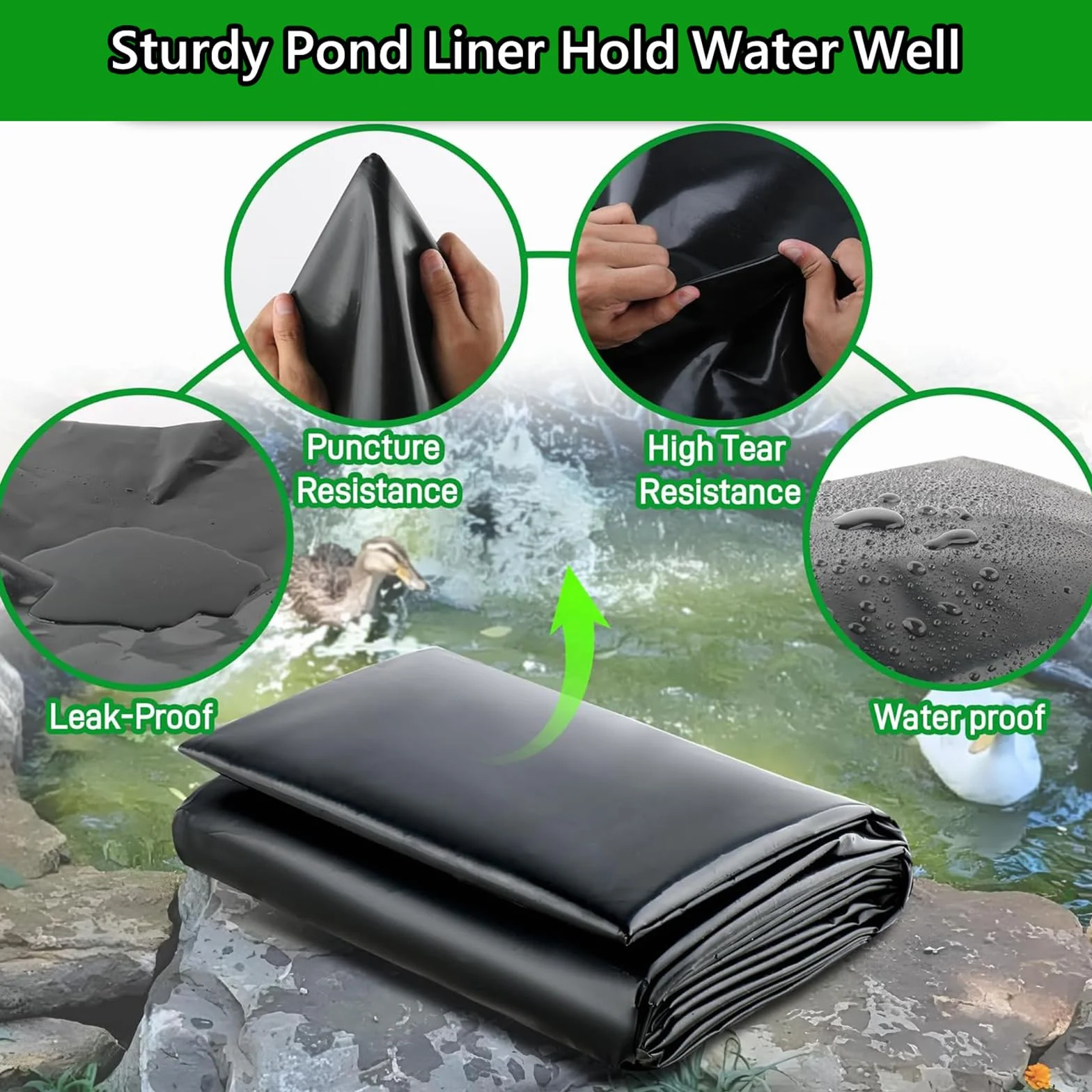 Revestimiento de Estanque de HDPE, Revestimiento de Caucho Negro para Estanque, 2x5m, 6x5m, 8x7m, 10x9m, para paisajismo, Cascadas y estanques pequeños